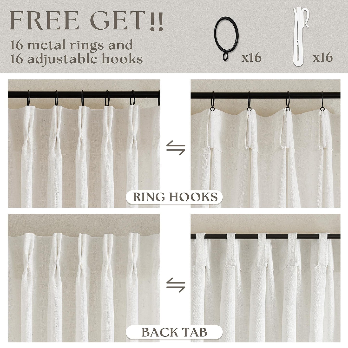 Natural Pinch Pleated Linen Curtains 84 Inch Length 2 Panels for Living Room Bedroom Textured Cream Ivory Birch Semi Sheer Boho Neutral Back Tab Pinch Pleat Hooks Rings Window Curtain 84 Inches Long