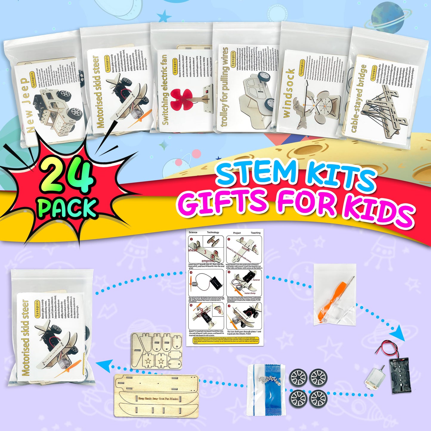 kortes 24Pack STEM Kits for Kids Classroom, Science Building Project Craft for Ages 8 9 10 11 12, 3D Wooden Model Kit, STEM Toys for Boys Girls Birthday Gifts Party Favors School Exchange Gifts