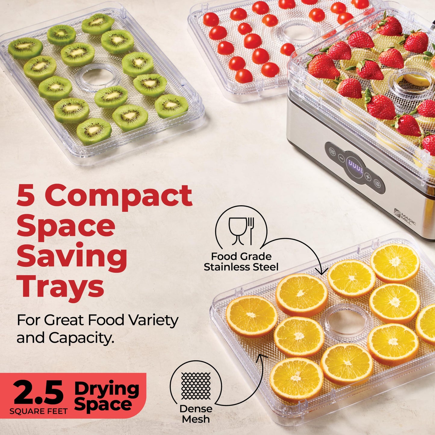 Magic Mill Food Dehydrator Machine | 5 Stackable Stainless Steel Trays, 48H Digital Adjustable Timer & Temperature Control Upto 167° Electric Dryer & Preserver for Jerky, Fruit, Dog Treats & Much More