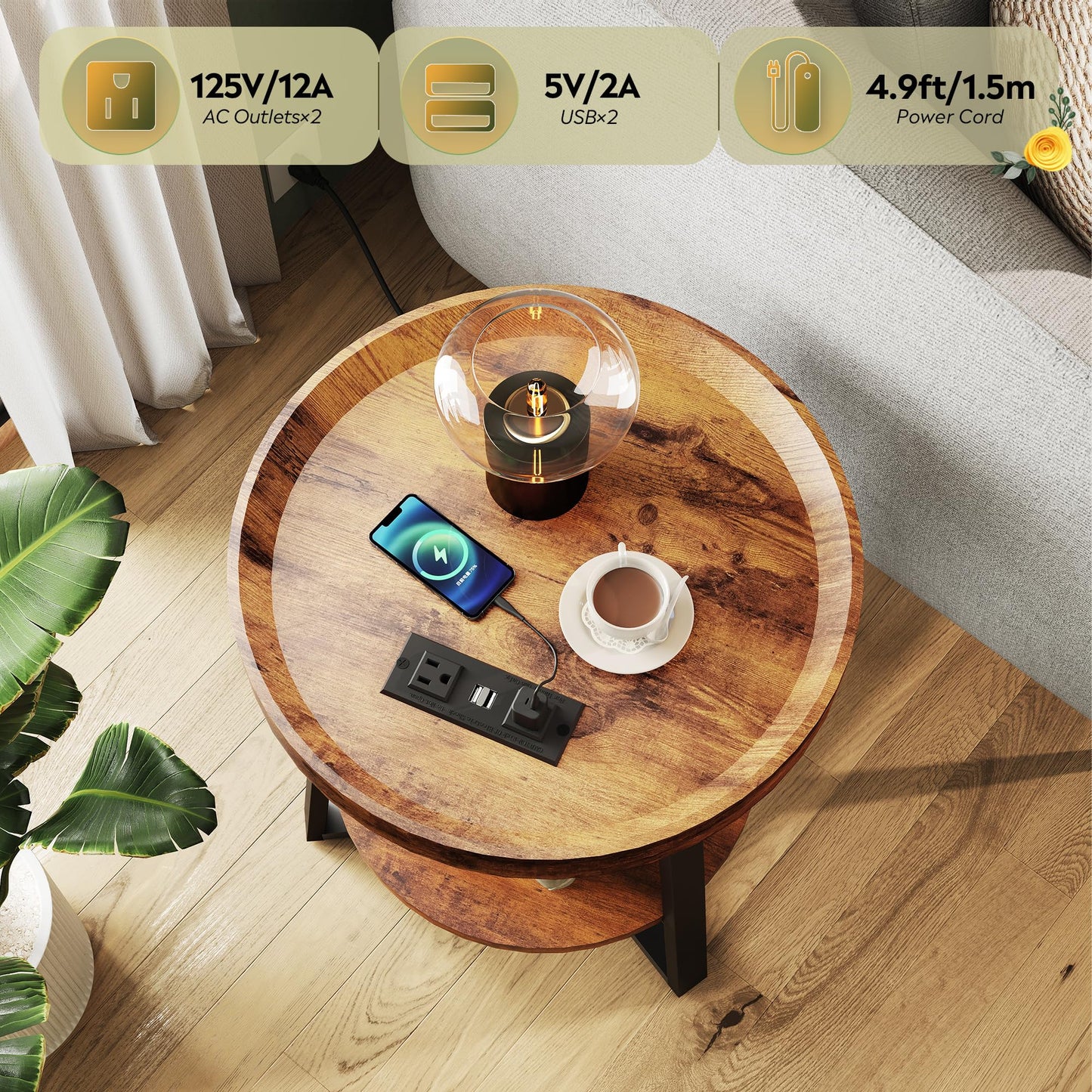 WLIVE Small Round Side Table with Charging Station, Round Coffee Table, 2 Tier End Table for Living Room/Bedroom, Sofa Couch, Easy to Assemble, Wood Tabletop & Metal Frame, Rustic Brown