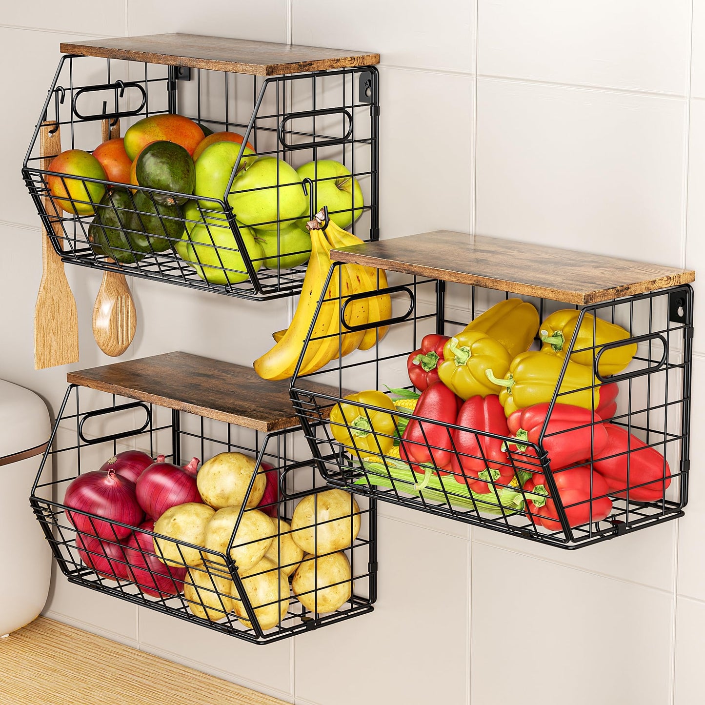 Delamu Stackable Metal Fruit Basket with Wood Lid 3 Pack, Hanging Wall Organizer for Kitchen Counter, Pantry Storage for Onions, Potatoes, Garli, Fruits, Spices, Black