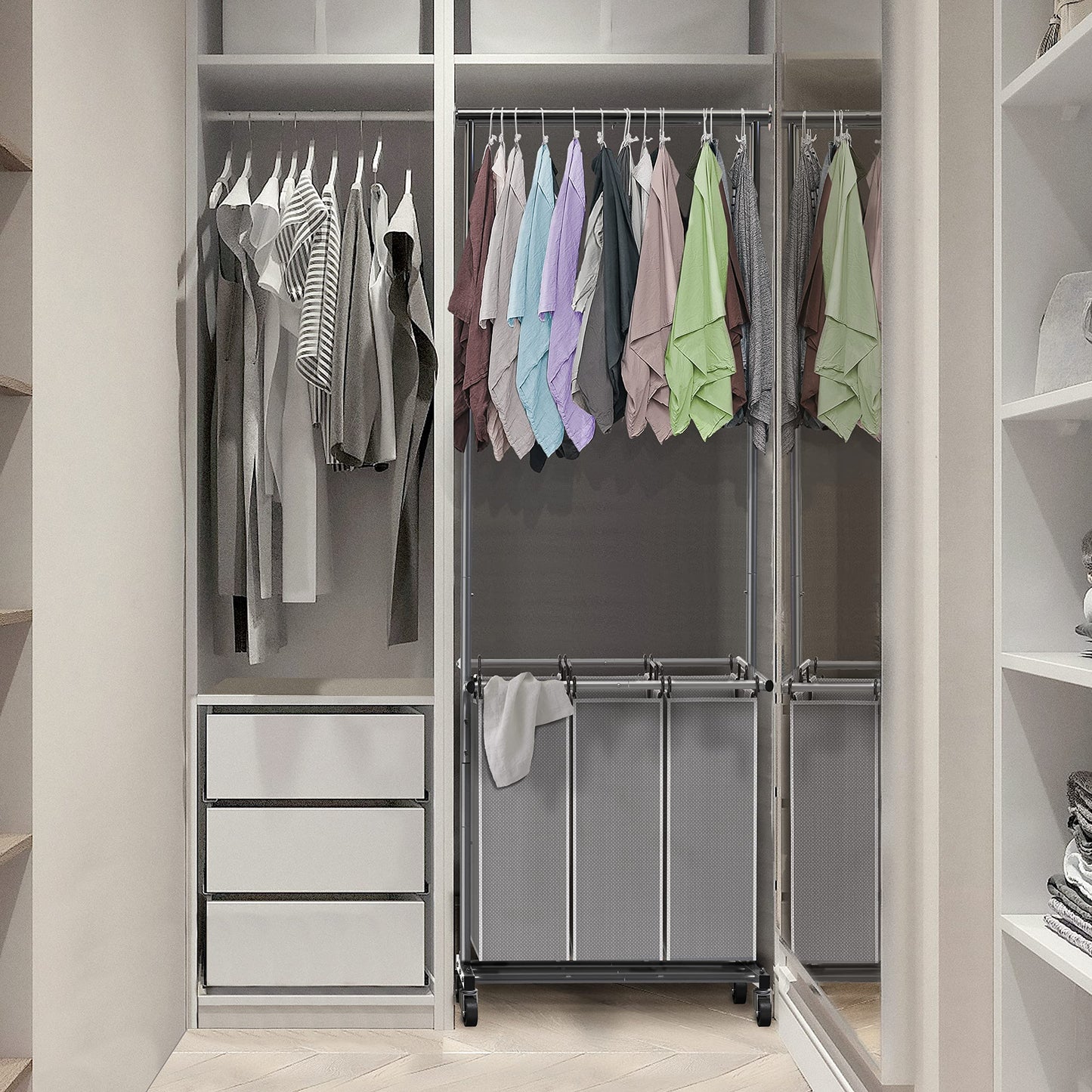 Simple Houseware 3 Bags Laundry Sorter with Extensible Clothes Hanging Rod