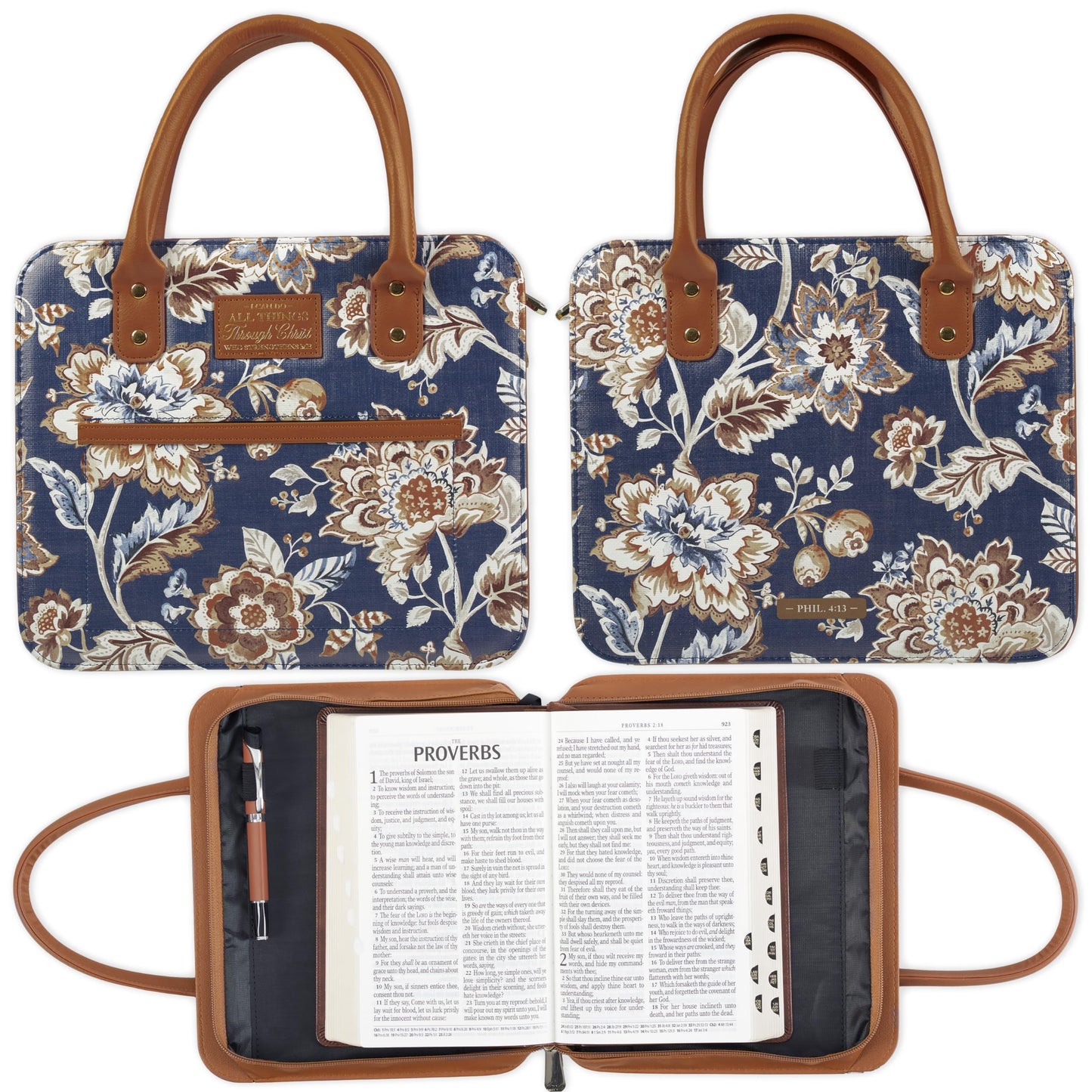 Christian Art Gifts Fashion Vegan Leather Purse Style Bible Cover Case for Women: All Things Through Christ Gold Inspirational Scripture, Pen Loops, Two Handles, Pockets, Navy & Brown Floral, XL