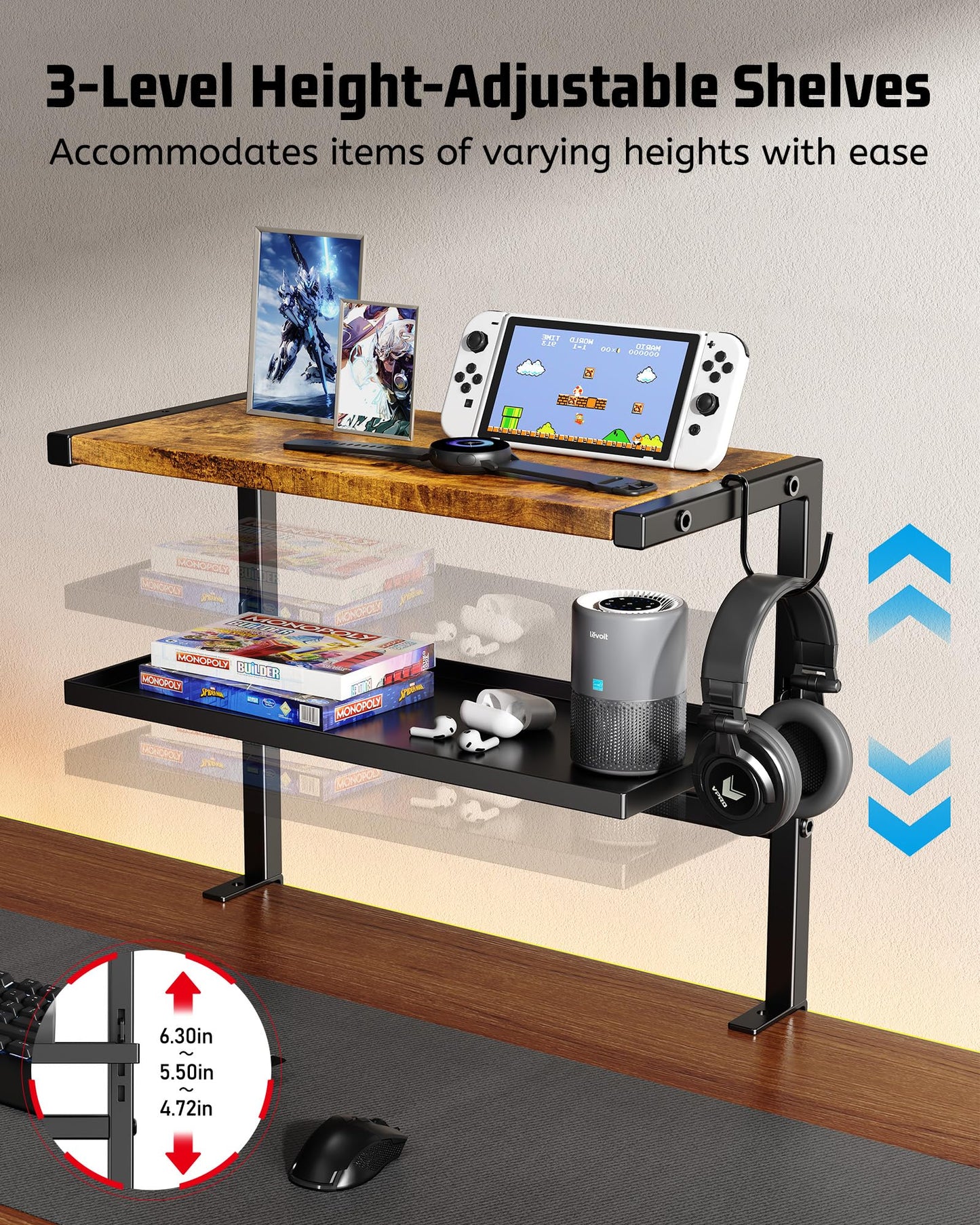 2-Tier Clamp on Desk Shelf, 17" Adjustable Above or Under Desk Shelves Organizer, No Drilling Desktop Storage Shelf with Headphone Holder, Desktop Storage Rack or Office and Gaming Accessories (Brown)