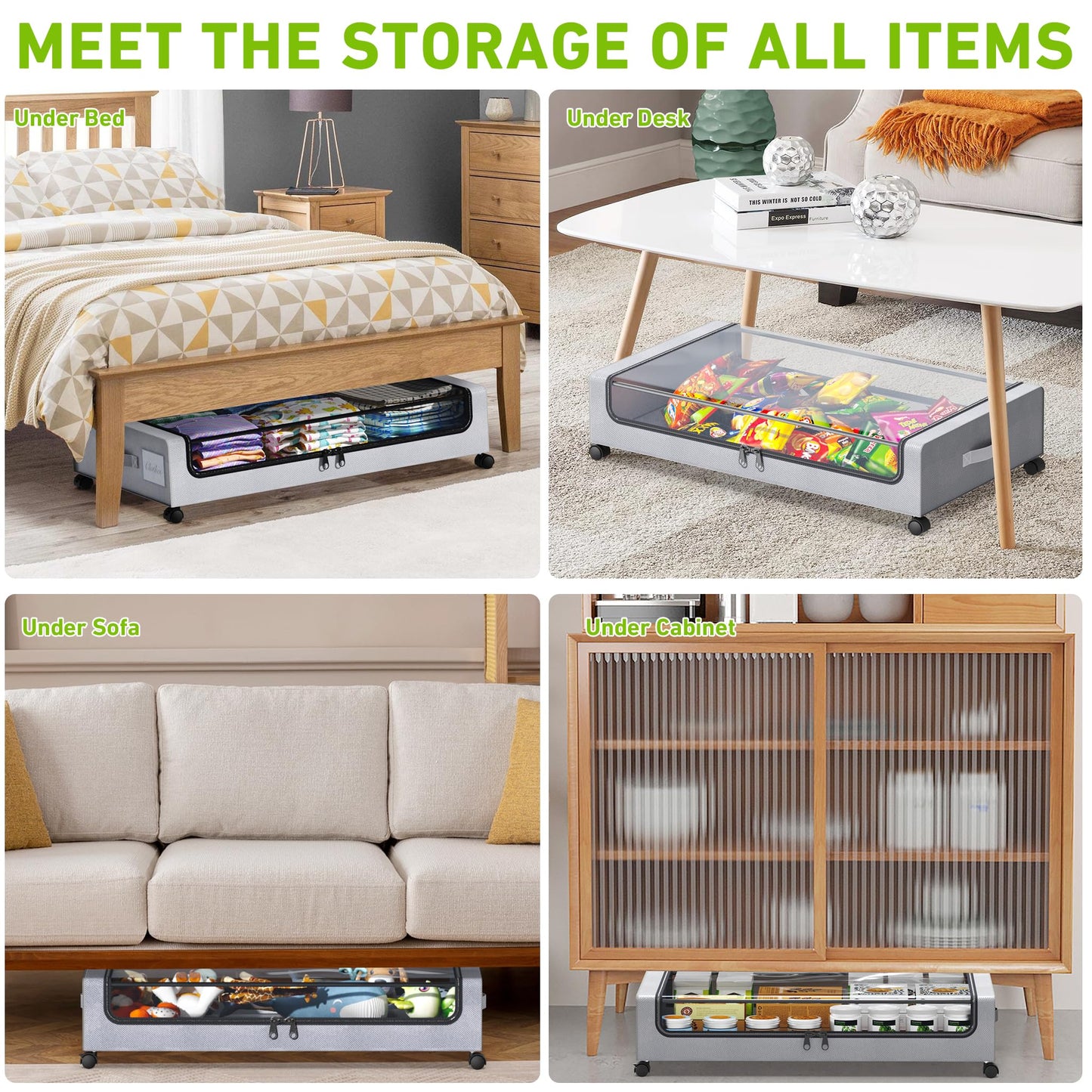 Tututry Under Bed Storage with Wheels, XXL 60L Under the Bed Storage Bins, Underbed Storage Containers with Lids & Label, Rolling Metal Drawer for Shoes, Clothes, Books, Toys (4-Pack Gray)