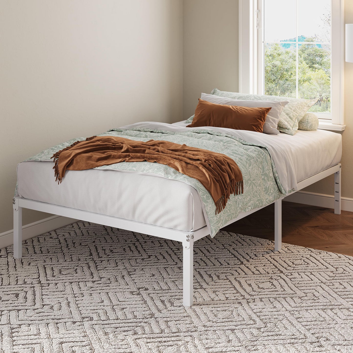 Allewie Twin Bed Frame, 12 Inch Metal Platform Beds with Storage Space, No Box Spring Required and Easy Assembly, White