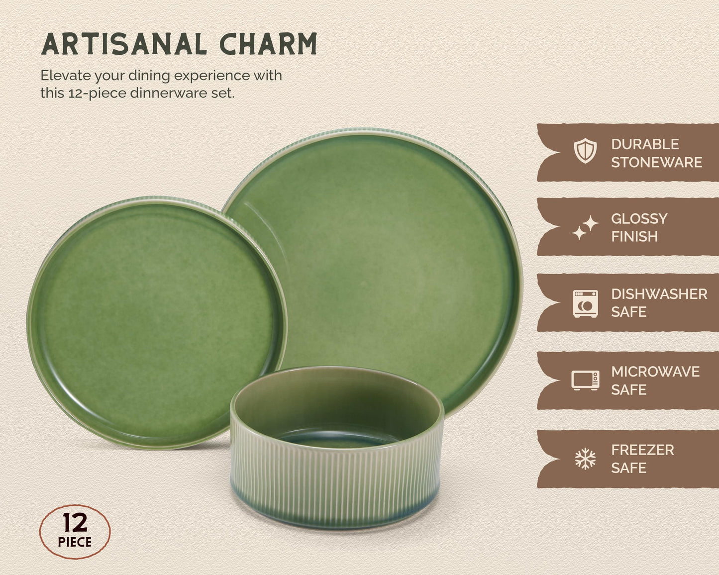 Ceramic Dinnerware Set, by Vase and Vessel, 12-Piece Service for 4, 9.8” Dinner Plates, 8” Salad Plates, 20 oz Bowls, Ombre Reactive Glaze, Durable Stoneware, Microwave & Dishwasher (Moss Green)