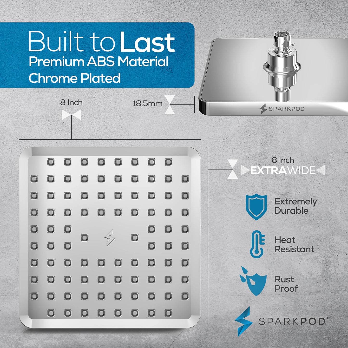 SparkPod Shower Head - High Pressure Rain - Premium Quality Luxury Design - Easy Clean Adjustable Replacement for Your Bathroom Shower Heads (Polished Chrome Finish, 8 Inch Square)