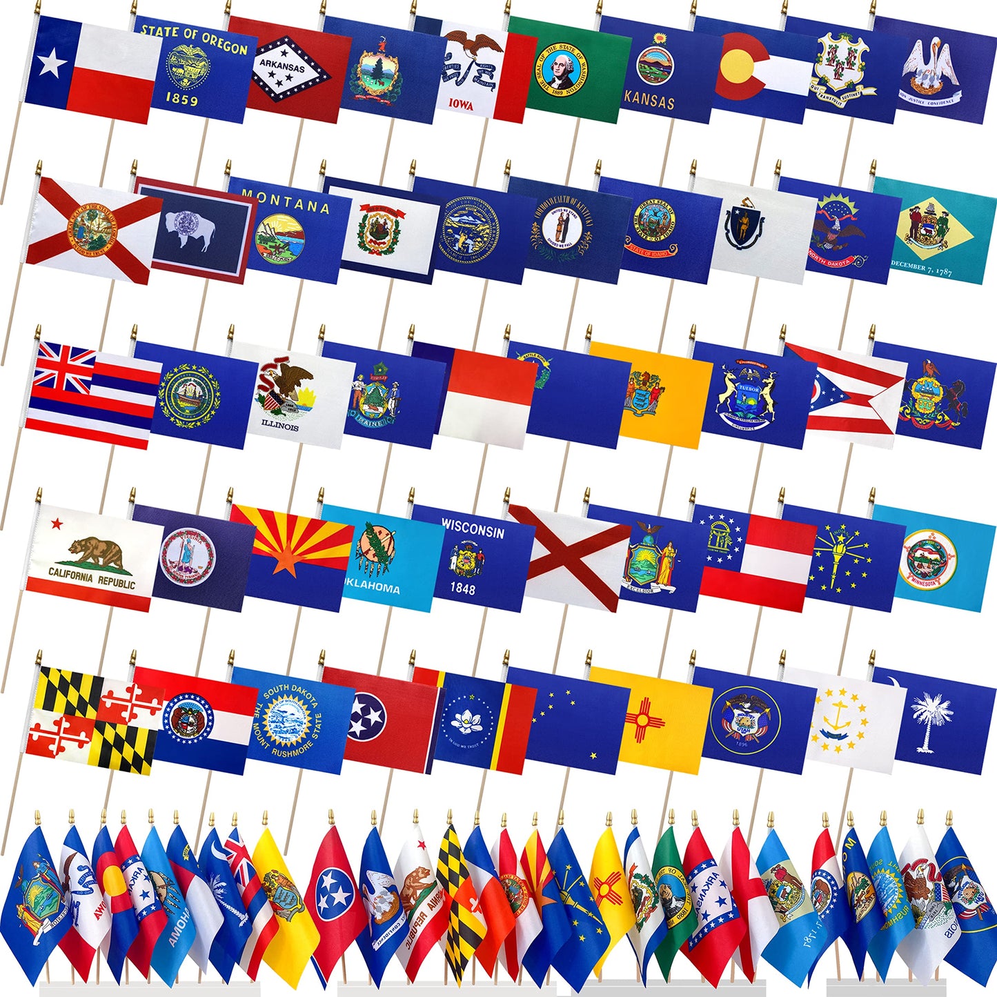 LyButty US 50 State Flags Set on Wood Stick Small Mini Hand Held Flags for Classroom,5x8 Inch