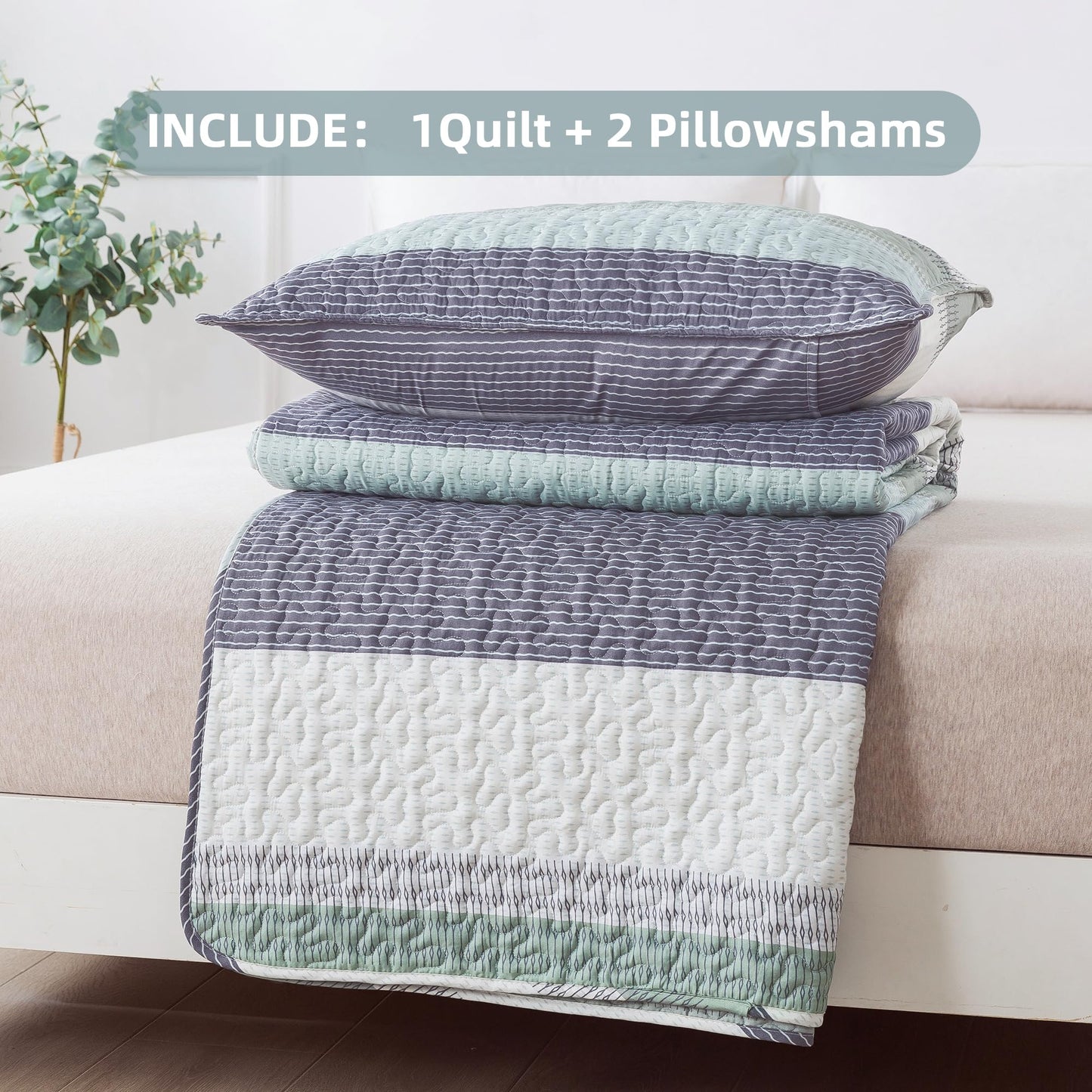 Andency Queen Quilt Bedding Set Sage Green, 3 Pieces Patchwork Mint Green Striped Ultra Soft Lightweight Bedspreads, Coverlets Set with 2 Pillow Shams for All Seasons (90"x96")