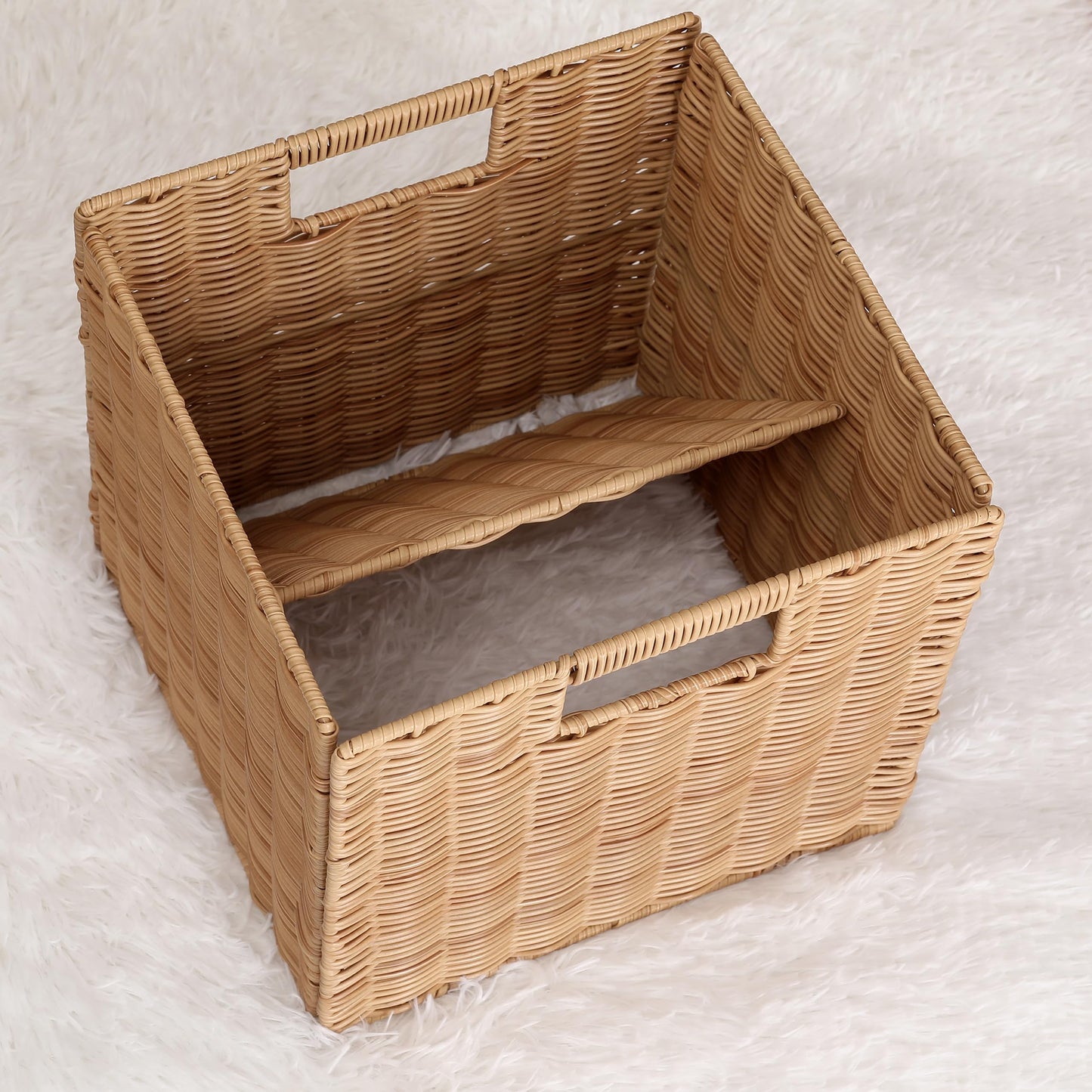 10.5 x 10.5 in Plastic Wicker Baskets for Cube Storage, Collapsible Square Wicker Storage Basket Set of 3, Rattan Storage Cube, Square Baskets for Shelves - Khaki
