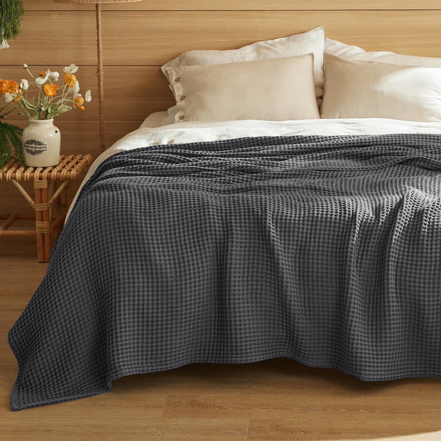 Bedsure 100% Cotton Blanket Queen Size for Spring Summer, Waffle Weave Thin Lightweight Breathable Blanket for Bed, Cotton Bedding Room Decor Gifts for Women, Men, Dark Grey, 90" x 90"
