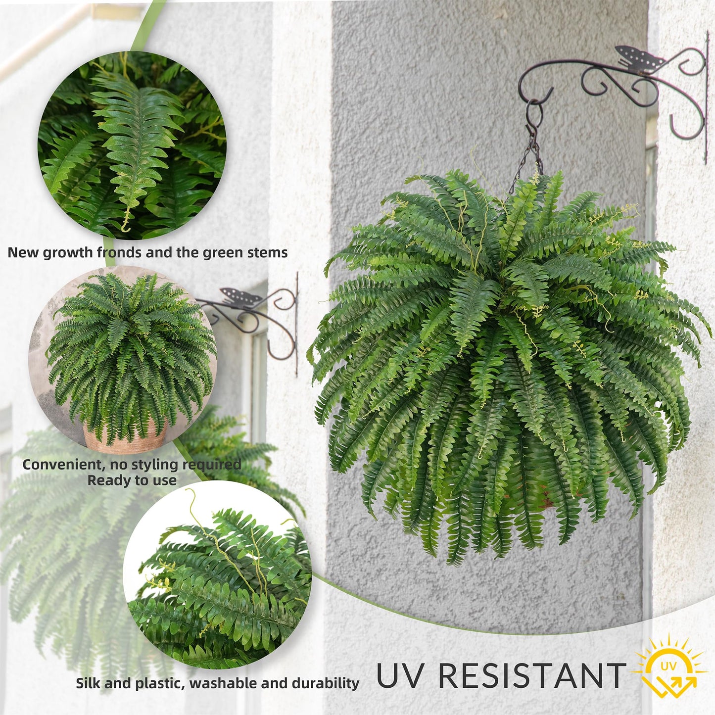 FOREST PRINCE 50" Artificial Boston Ferns, Fake Bush Plants, Large Faux Ferns with 96 Fronds for Outdoors Home Decor