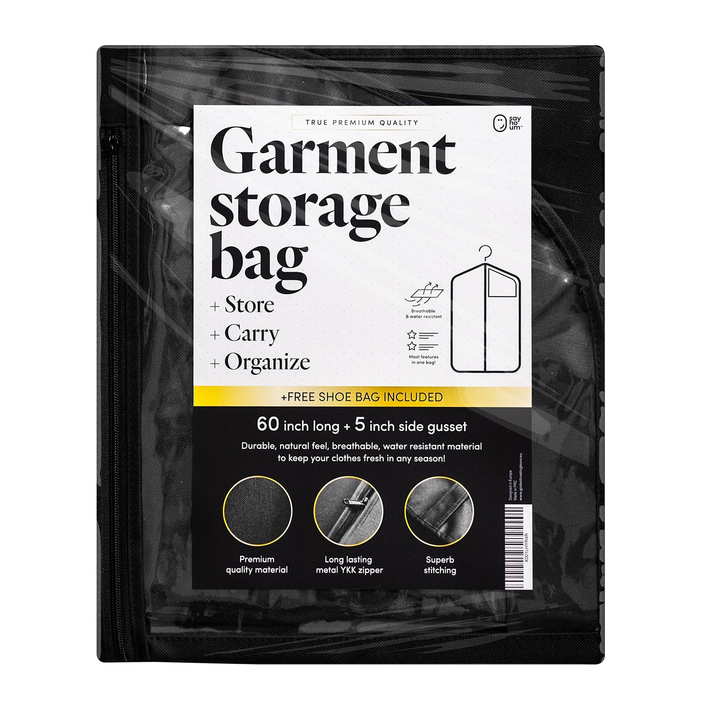 Luxury Storage Garment Bag for Long Coat, Fur, Mink, Gown, Vestment and Choir Robe | 60 Inch + 5 Inch Gusset Cover | Heavy Duty, Hanging, Breathable, Foldable Travel and Wardrobe Clothes Protector