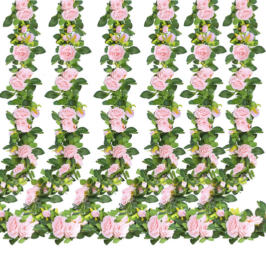 Sggvecsy 6Pcs 46.5Ft Artificial Rose Vine Fake Flower Garland Floral Garland Faux Silk Hanging Vine Rose Ivy Vines for Wedding Arch Party Wall Garden Ceremony Background Outdoor Decor (Pink)