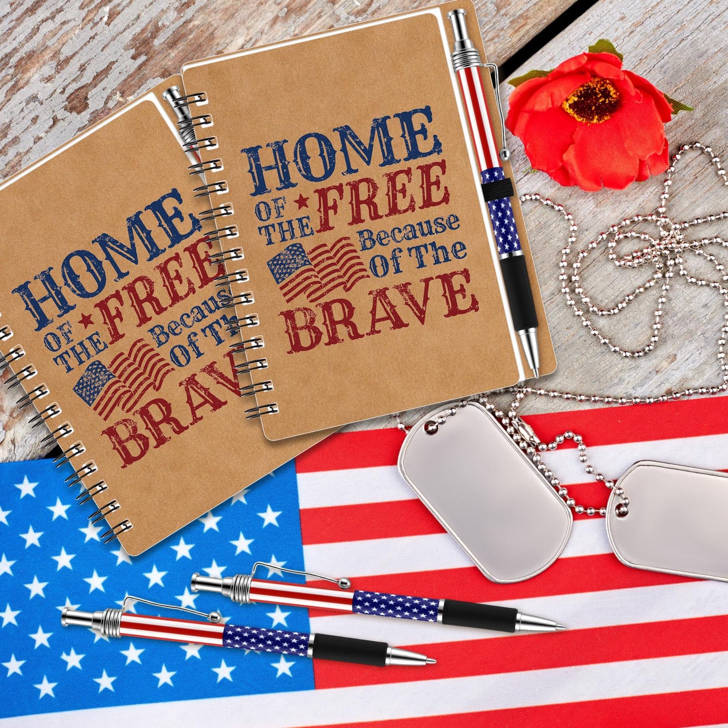 Resurhang 250th Anniversary Memorial Day Gift American Flag Ballpoint Pens Spiral Notebooks Home of The Free Because of The Brave Journal USA Patriotic for Veteran Military Soldier 250th Gift(36 Set)