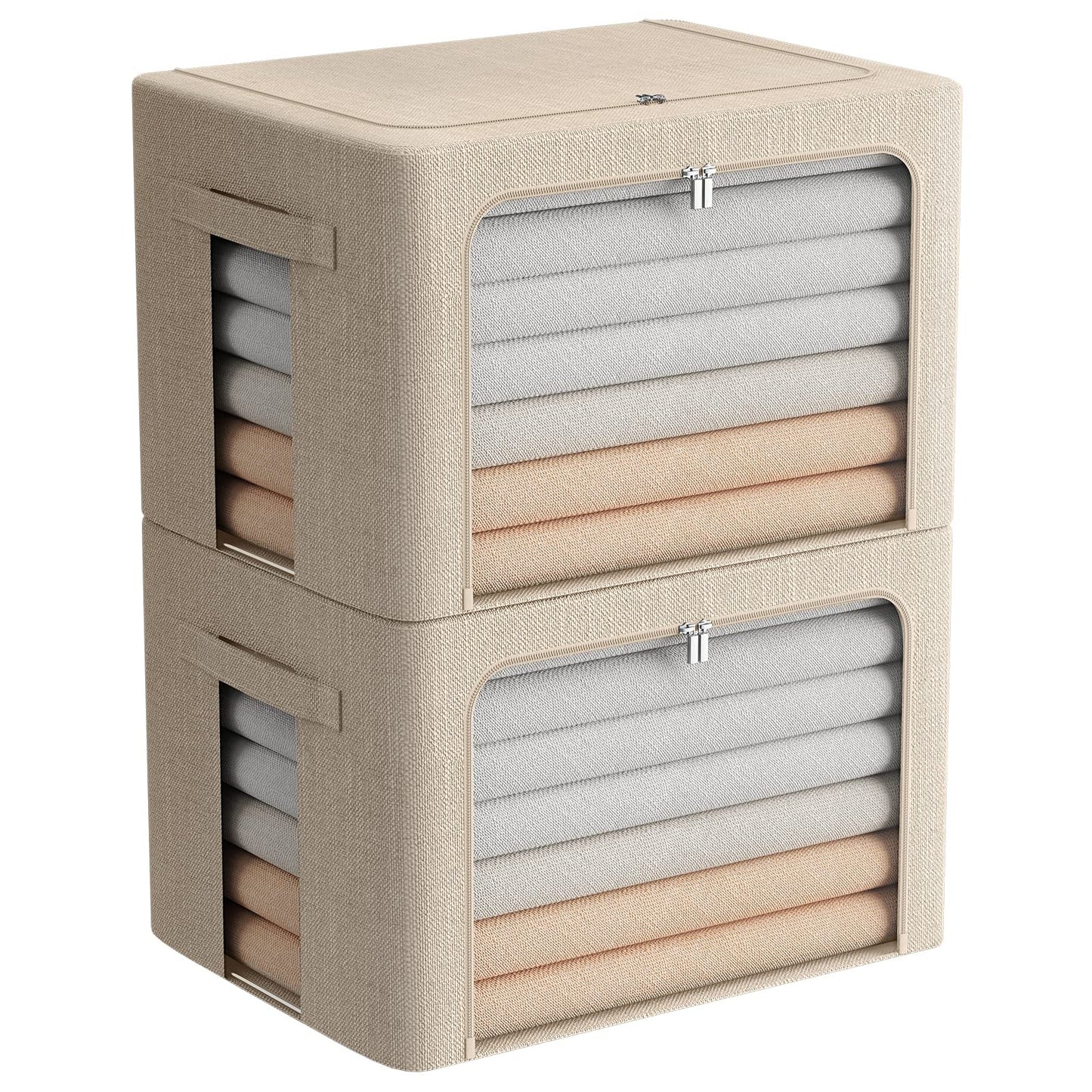 FHSQX Extra Large Clothes Storage Bins Foldable Metal Frame Storage Box Stackable Linen Fabric Box Organizer Set with Carrying Handles and Clear Window (Beige, 23.6x 16.5x 15.7 Inch)