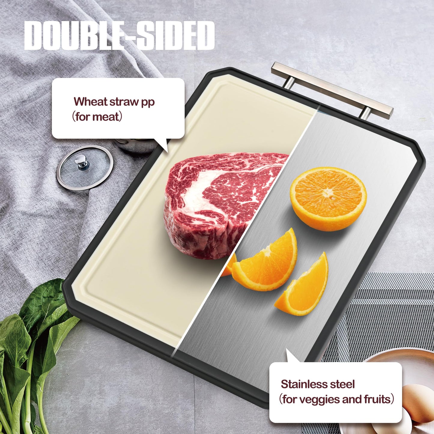 SNOWCLAD Stainless Steel Cutting Board,Double Sided Steel Cutting Board Set for kitchen,Stainless Steel/Wheat straw pp Large for meat,Dishwasher Safe [16 * 11+12 * 8.3 Inch]