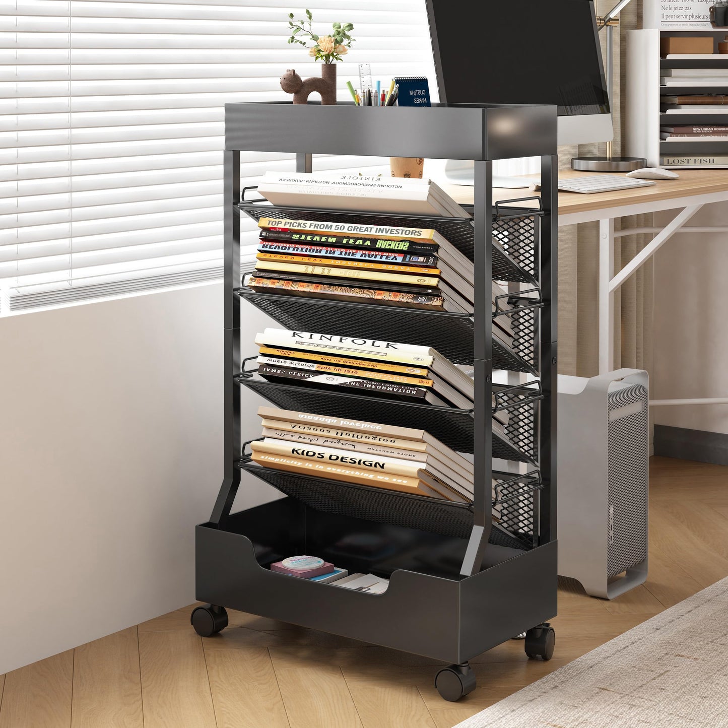 UMDONX Modern Mobile Book Cart Single-Sided Rolling Bookshelf with Metal Top & Base, Premium Snap-in Shelves, Heavy Duty & Elegant Storage for Home Study, Office, Classroom Black