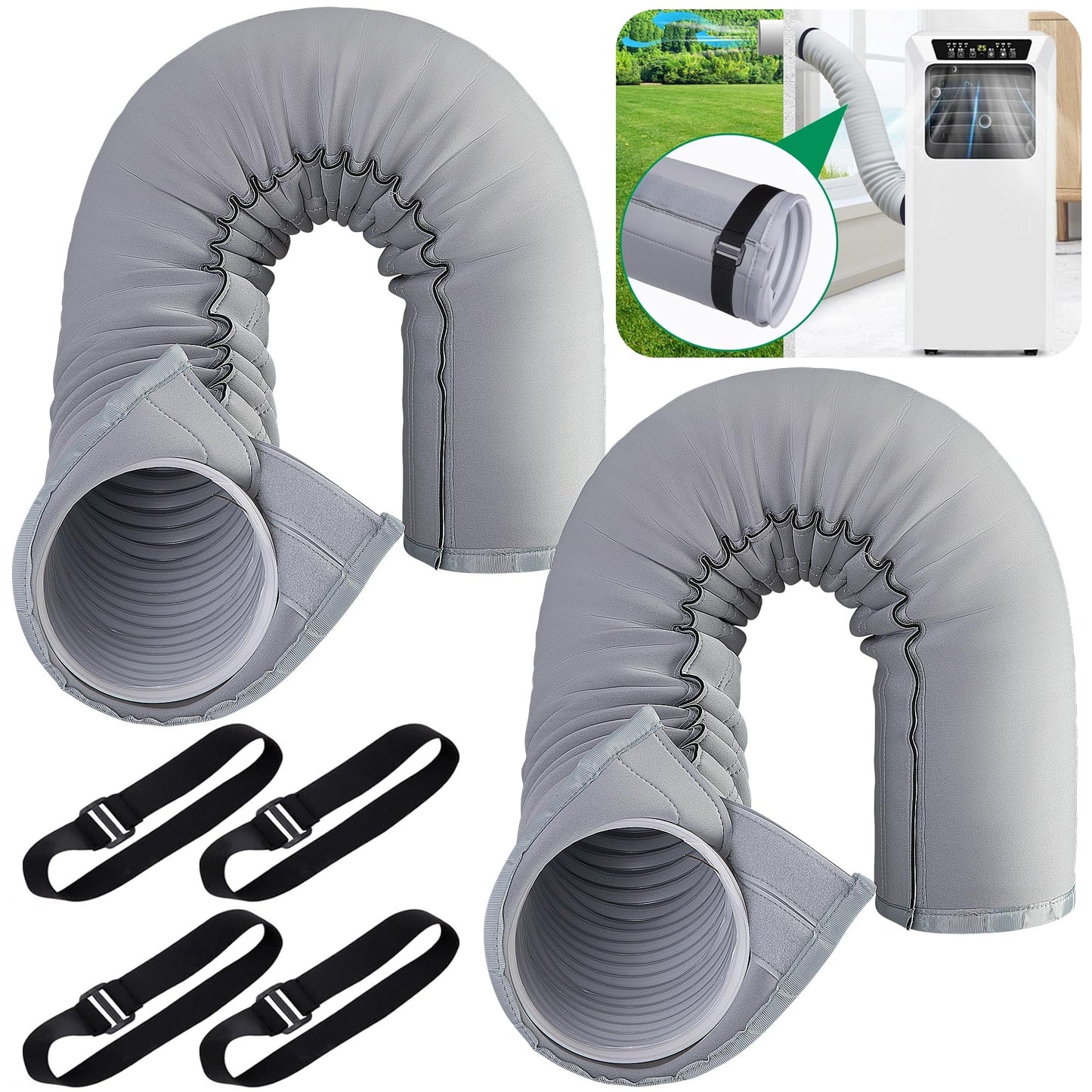 2 Pcs Portable AC Hose Insulation Sleeve, Air Conditioner Hose Cover Wrap, Fits 5" & 5.9" Diameter Exhaust Hose, Easy Installation AC Duct Insulation Wrap, Light Gray