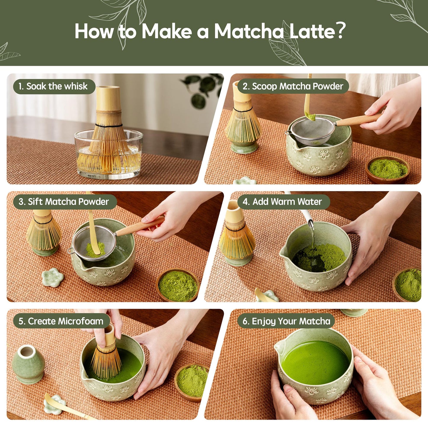 Veraelle Matcha Whisk Set, Ceramic Matcha Set, 6 Pcs Matcha Kit Includes Matcha Bowl, Matcha Whisk with Holder, Bamboo Scoop, Scoop Rest, Sifter, Ceremonial Matcha Tea Set, Perfect Gifts, Green