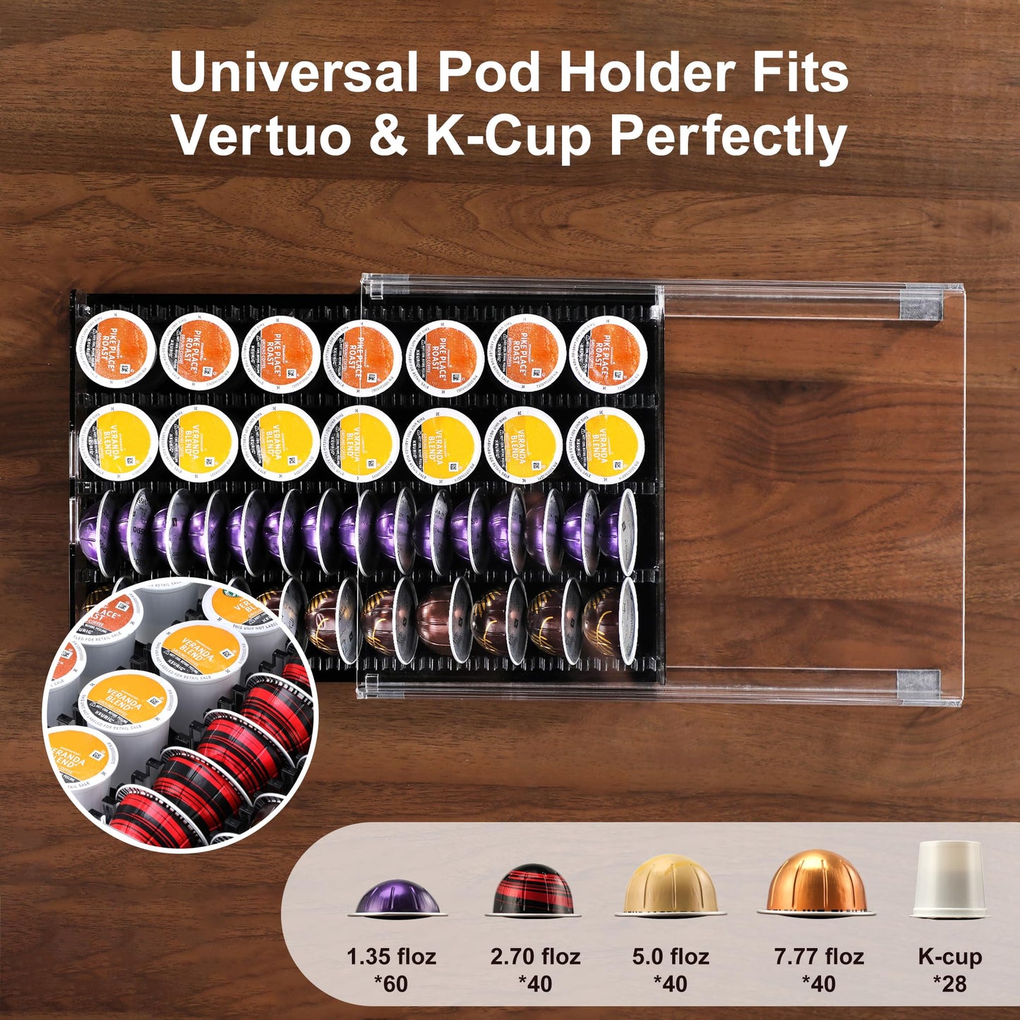 BLACKSMITH FAMILY Coffee Pod Drawer Organizer for Nespresso Vertuo Pods,Acrylic Coffee Pod Holder Holds 40 Large or 60 Small Capsules,Pull-Out Drawer with Anti-Slip Base for Countertop（Matte Black)
