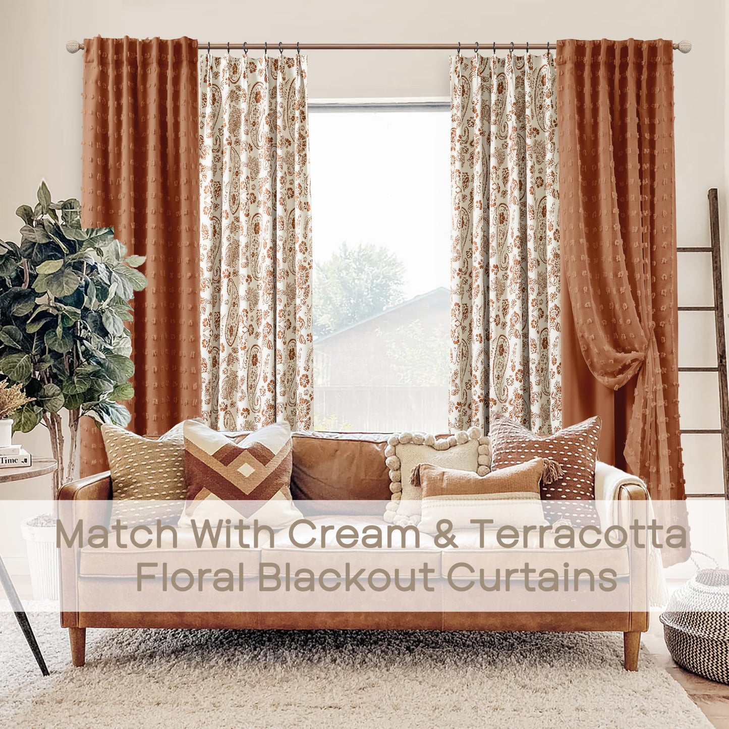 Terracotta Boho Blackout Curtains for Bedroom, Bohemian Pom Pom Double Layer Patterned Drapes, Rust Burnt Orange Sheer Overlay Western Curtains for Living Room 84 Inches Long 2 Panels Set