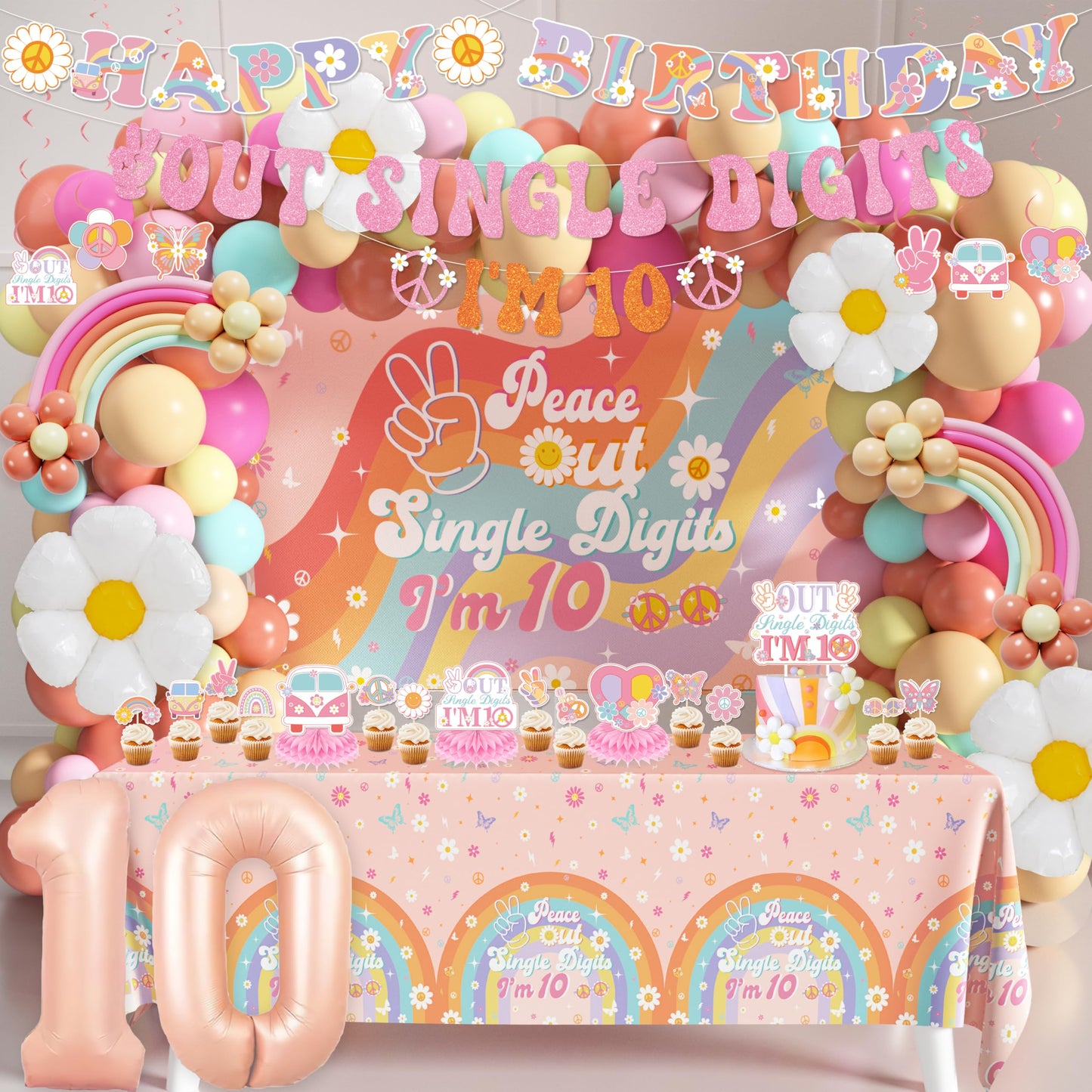 10th Birthday Decorations for Girl, Peace Out Single Digits Party Decor Groovy 10th Birthday Decor Boho I'm 10 Backdrop Banner Tablecloth Cake Topper Honeycomb Centerpieces Hanging Swirls Balloons Set