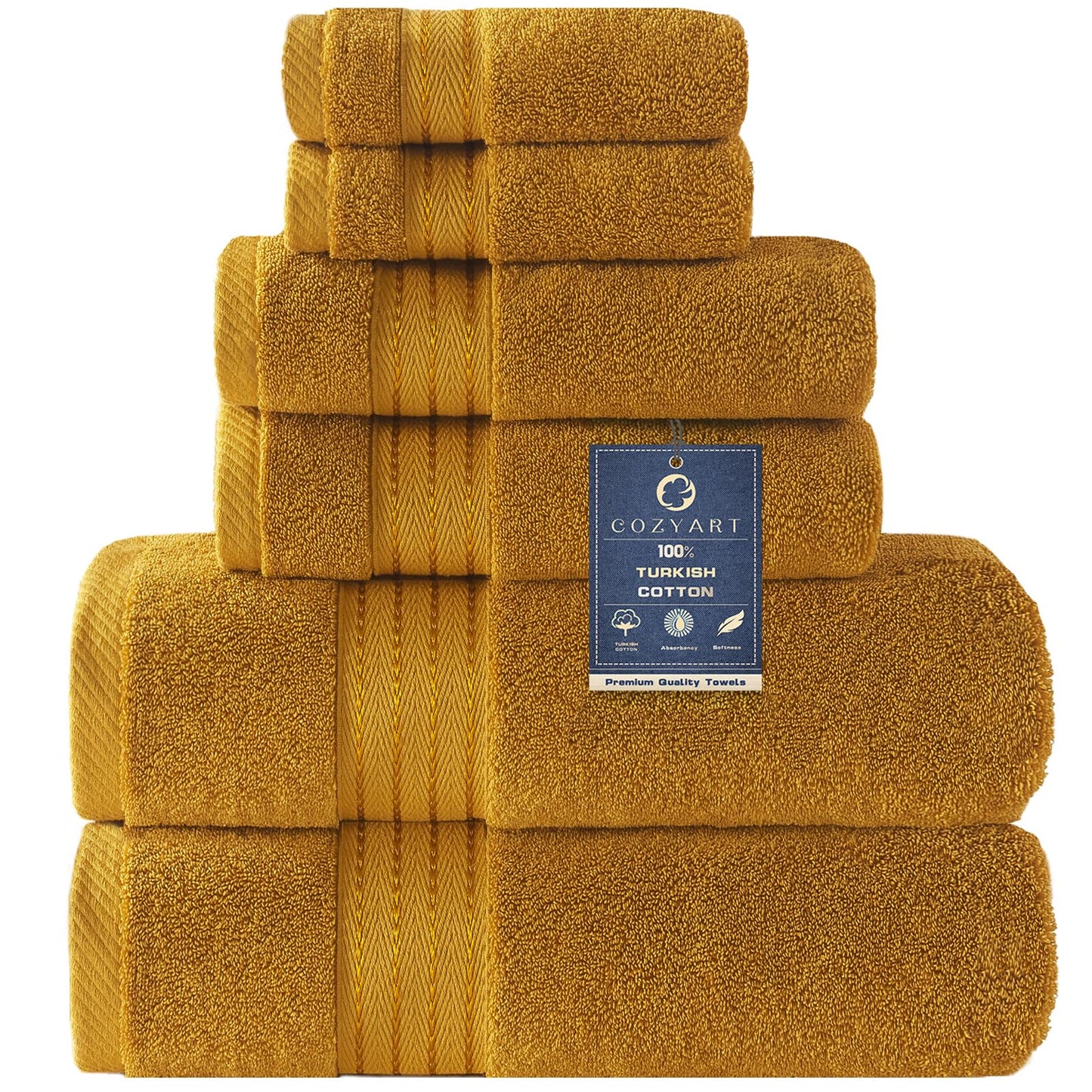 COZYART Gold Bath Towel Set 6pcs, Turkish Cotton Bathroom Towel Sets Soft Absorbent and Durable 650 GSM Luxury 6 Pcs with 2 Bath Towels, 2 Hand Towels, 2 Washcloth