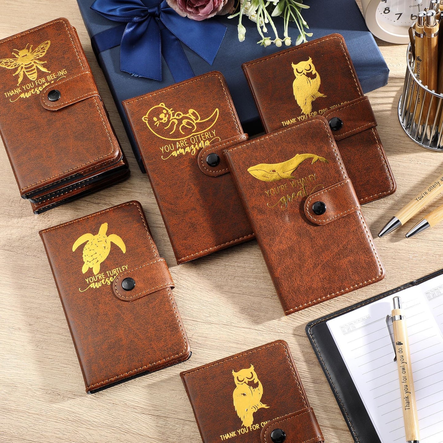 Tenceur 20 Set Employee Appreciation Gift for Men Animal Pun Note Leather Journal Fathers Day Inspirational Notebook A6 Notepads with Bamboo Pen Coworker Office Staff Teacher Thank You Gift, Brown