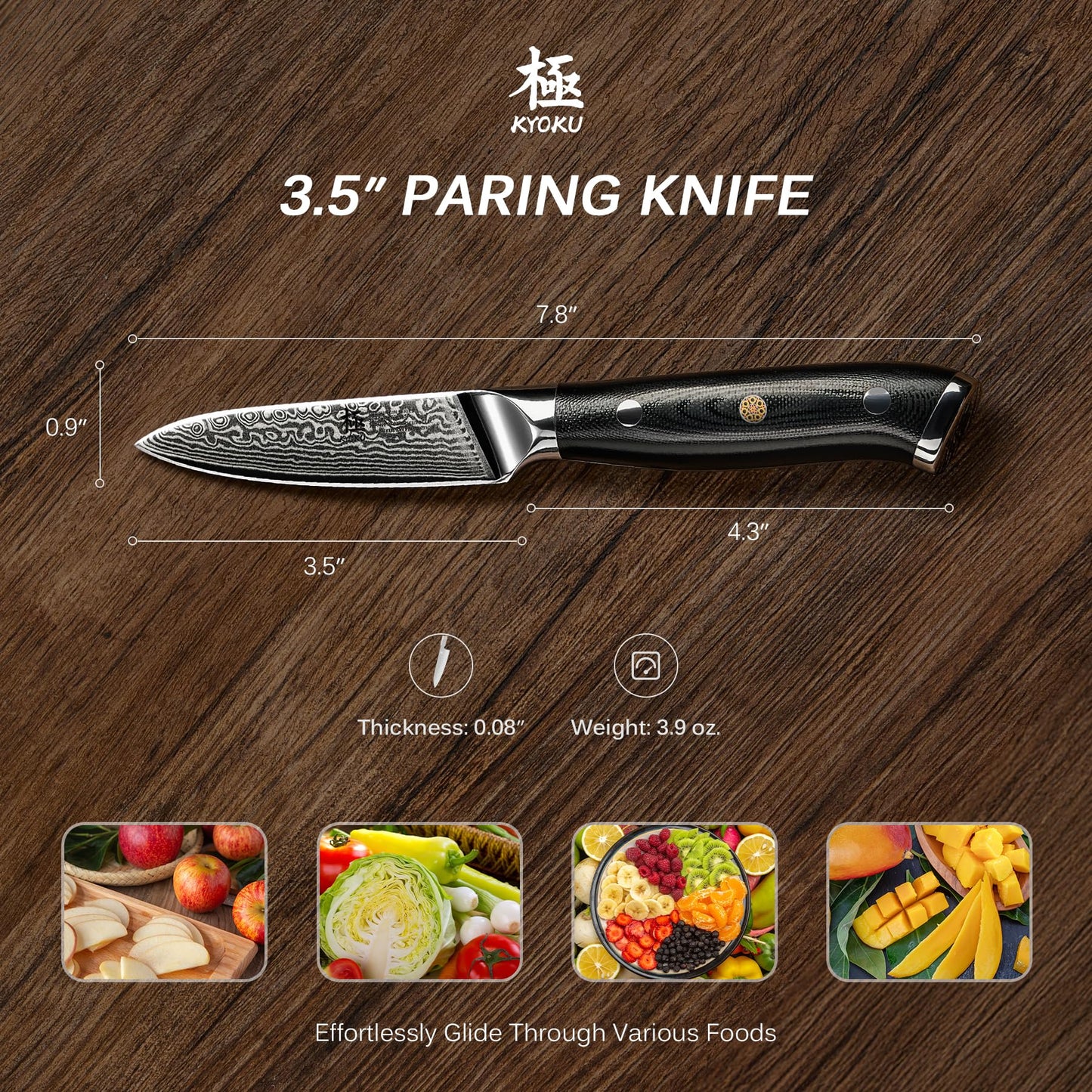 KYOKU Paring Knife - 3.5" - Shogun Series - Japanese Style VG10 Steel Core Damascus Blade - with Sheath & Case