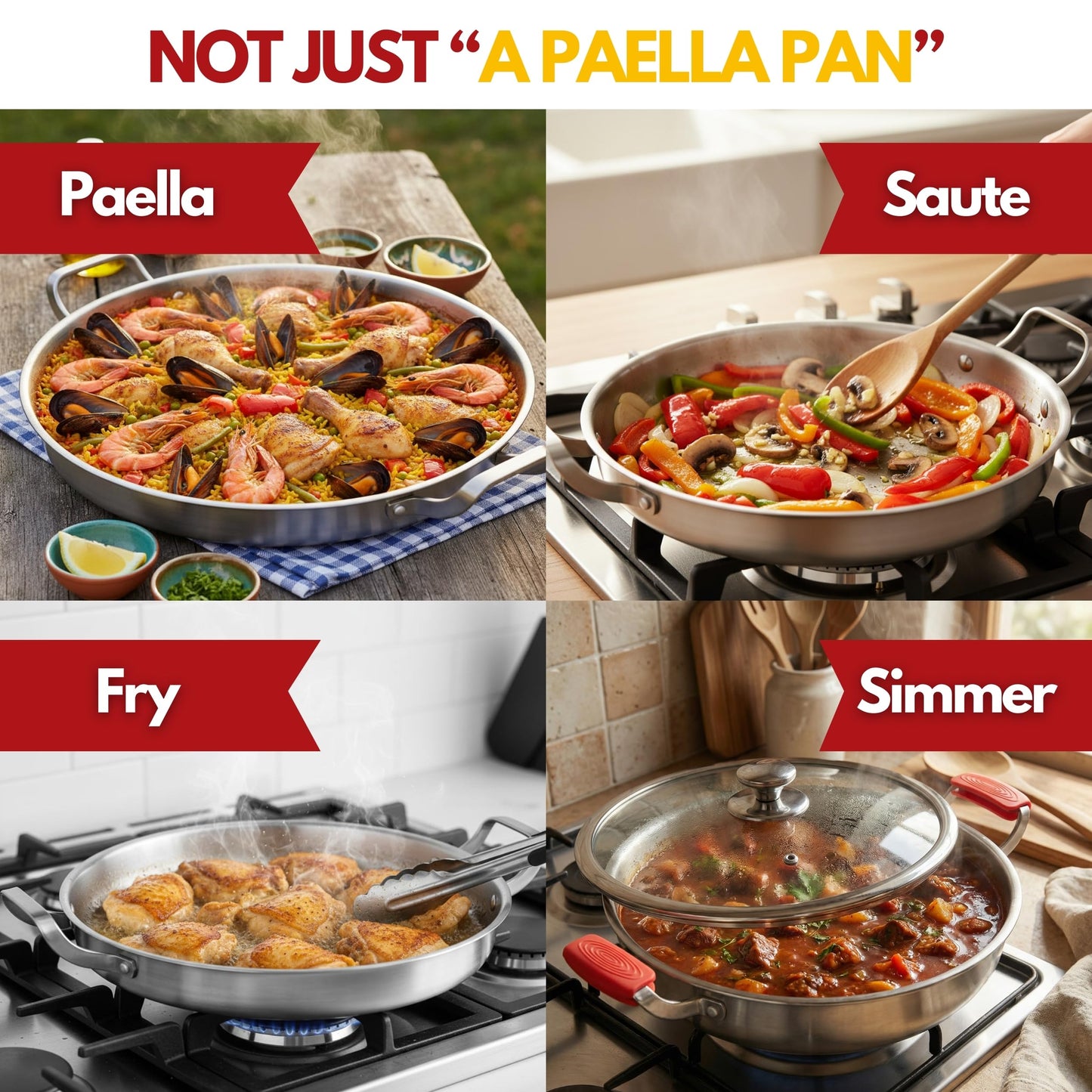 Paelluxe 13 Inch Tri-Ply Stainless Steel Paella Pan with Lid for 6 Servings - Includes Hot Handle Holders - Induction, Oven and Dishwasher Safe Skillet, Indoor Outdoor Cooking Cacerola Paellera Sarten