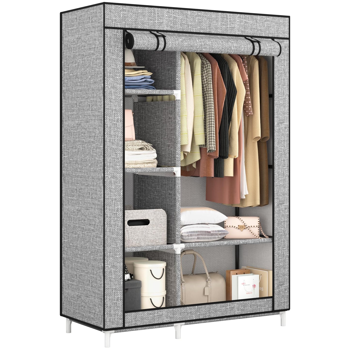 Calmootey Portable Closet Organizers, Clothing Storage, Wardrobe with 6 Shelves and Hanging Rod, Non-Woven Fabric Cover with 4 Side Pockets, Ash Grey