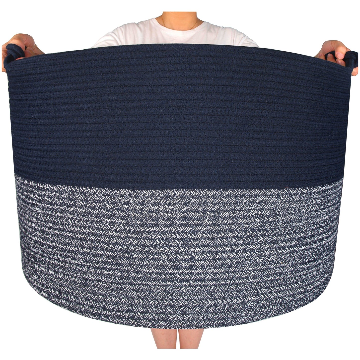 MINTWOOD Design Extra Large 22 x 16in Decorative Woven Cotton Rope Blanket Storage Basket Bin Living Room with Handles and Laundry Hamper for Pillows, Pool Towels, Dog Toys, Shoes, Navy Blue