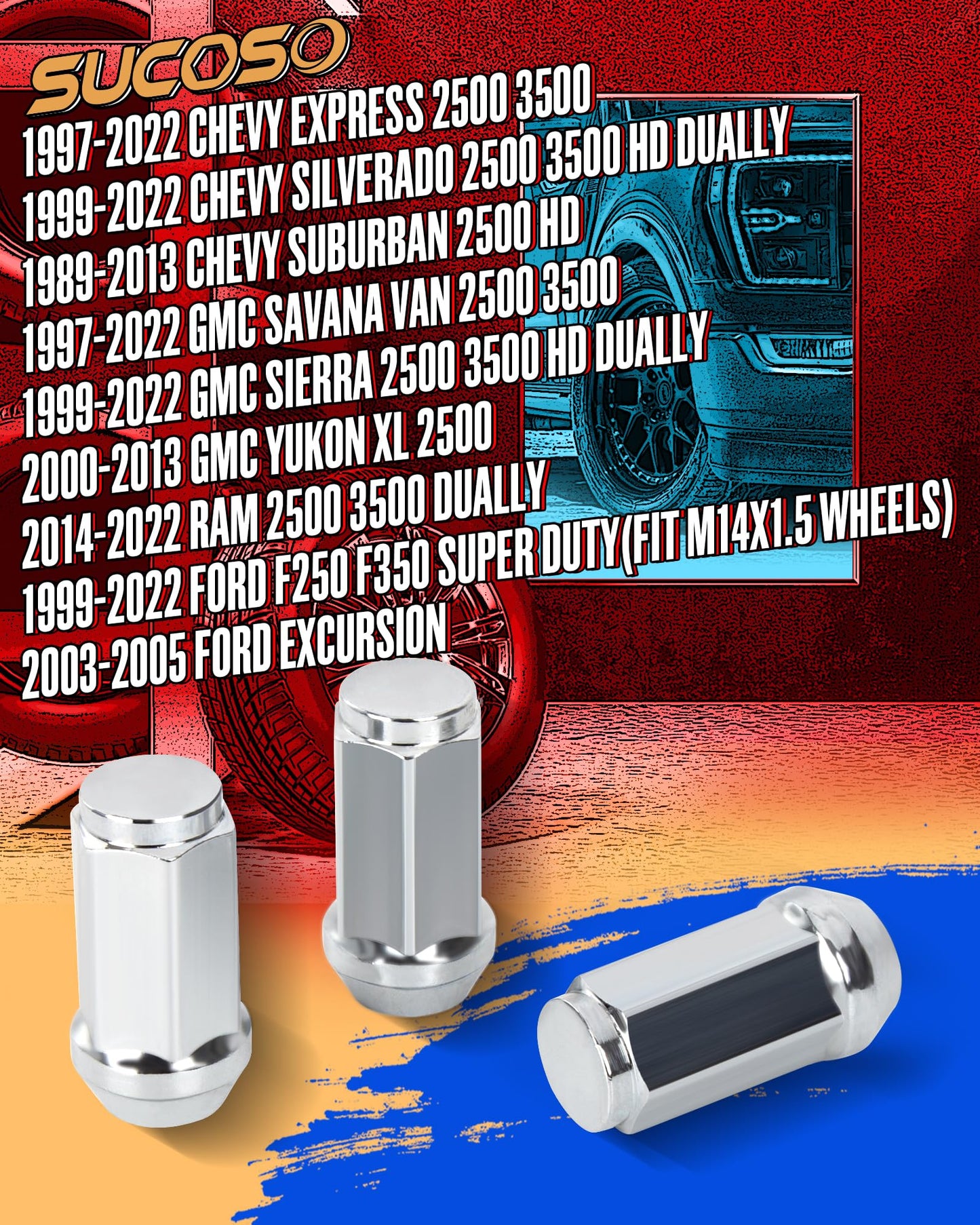 14mmx1.5 Wheel Lug Nuts, 32 pcs M14x1.5 19mm (3/4") Hex Lug Nut with Conical/Cone Bulge Seat Fit Chevy Silverado GMC Sierra 2500 3500 Ford F250 F350 2011+ Ram 2500 3500, 8 Lug Aftermarket Wheels