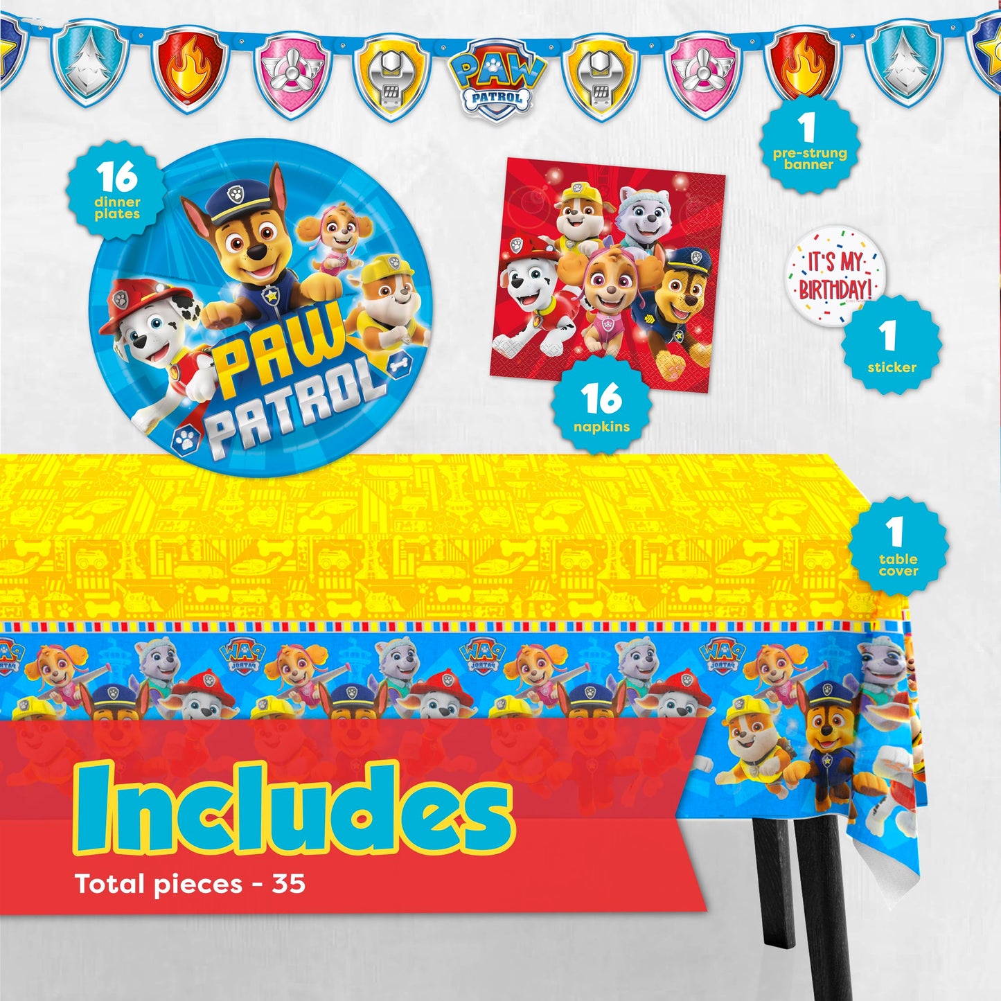 Paw Patrol Birthday Decorations | Serves 16 | Paw Patrol Birthday Banner, Paw Patrol Tablecloth, Paw Patrol Plates and Napkins, Sticker | Paw Patrol Party Decorations