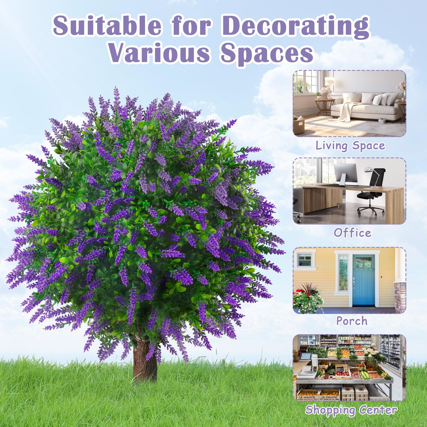 Sunnyglade 25.5" Set of 2 Artificial Lavender Topiary Ball Trees, Faux Lavender Shrub Bushes with Ground Spike, UV Resistant Fake Plants for Indoor, Garden, Yard, Porch, Patio Decor (2, Purple)