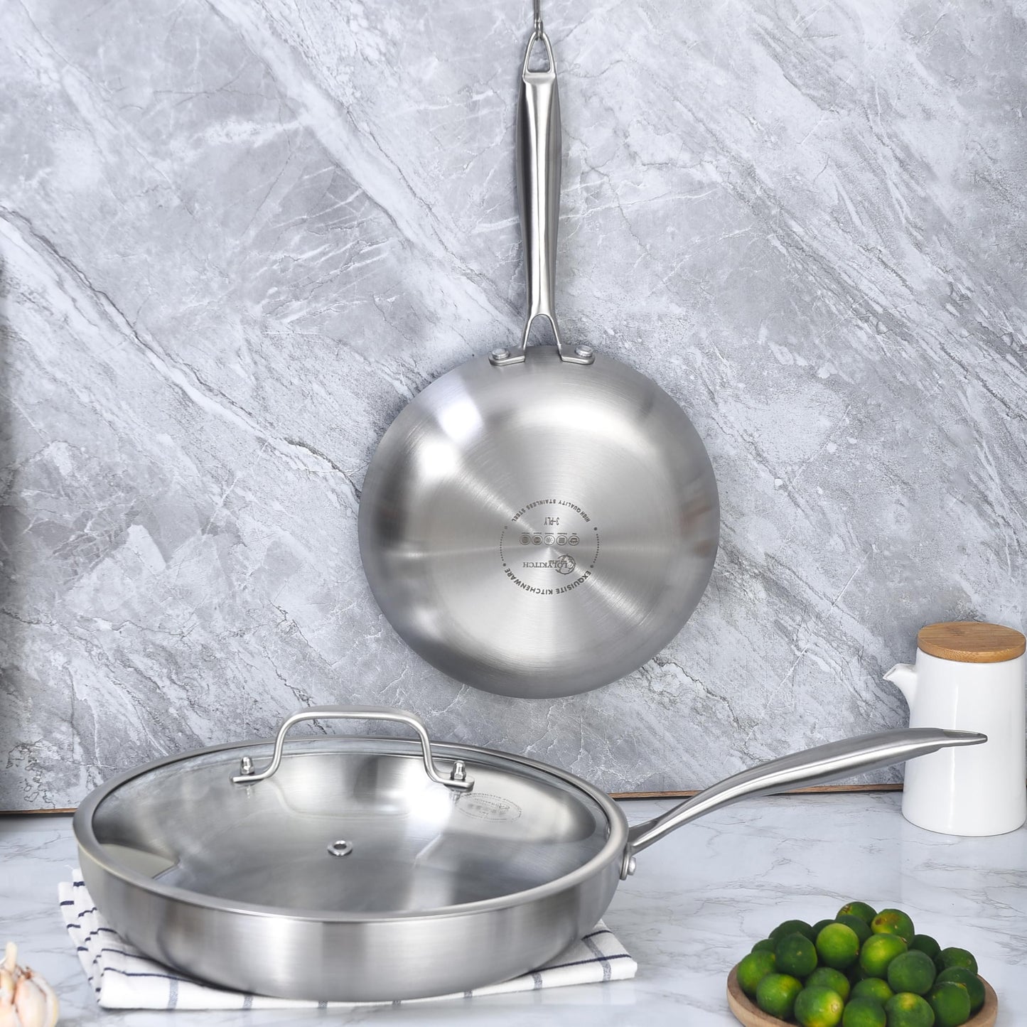 LOLYKITCH 8.5-10 Inch Tri-ply Stainless Steel Frying Pan Set with Lid,Skillets,Induction Cookware,Dishwasher and Oven Safe