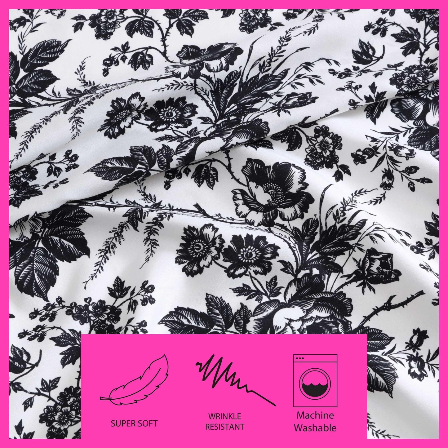 Betsey Johnson - Queen Size Sheet Set, Ultra-Soft & Lightweight Bedding with Pillowcases, Fully Elastic Fitted Sheet, Deep Pocket, Floral Room Decor (Betsey's Toile Black)