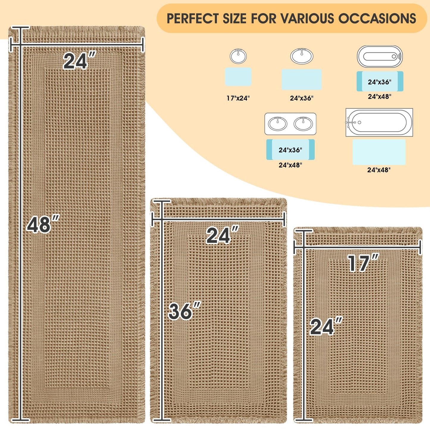 Upgrade Waffle Bath Mat Set 3 Piece, Boho Bathroom Rugs Absorbent Non Slip, Ultra Soft Bathroom Mat, Machine Washable Knit Bath Rugs with Tassels for Bathroom, Bedroom, Kitchen, Shower, Tub, Beige