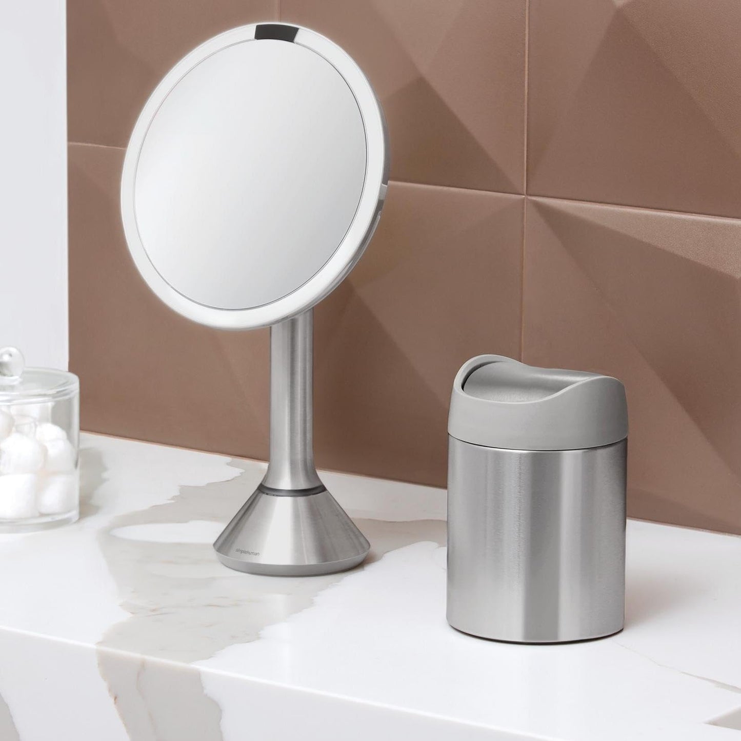 simplehuman Mini Countertop Trash Can, 1.5L / 0.4 Gallon Compact Vanity Trash Can, Balanced Swing Lid, Brushed Stainless Steel