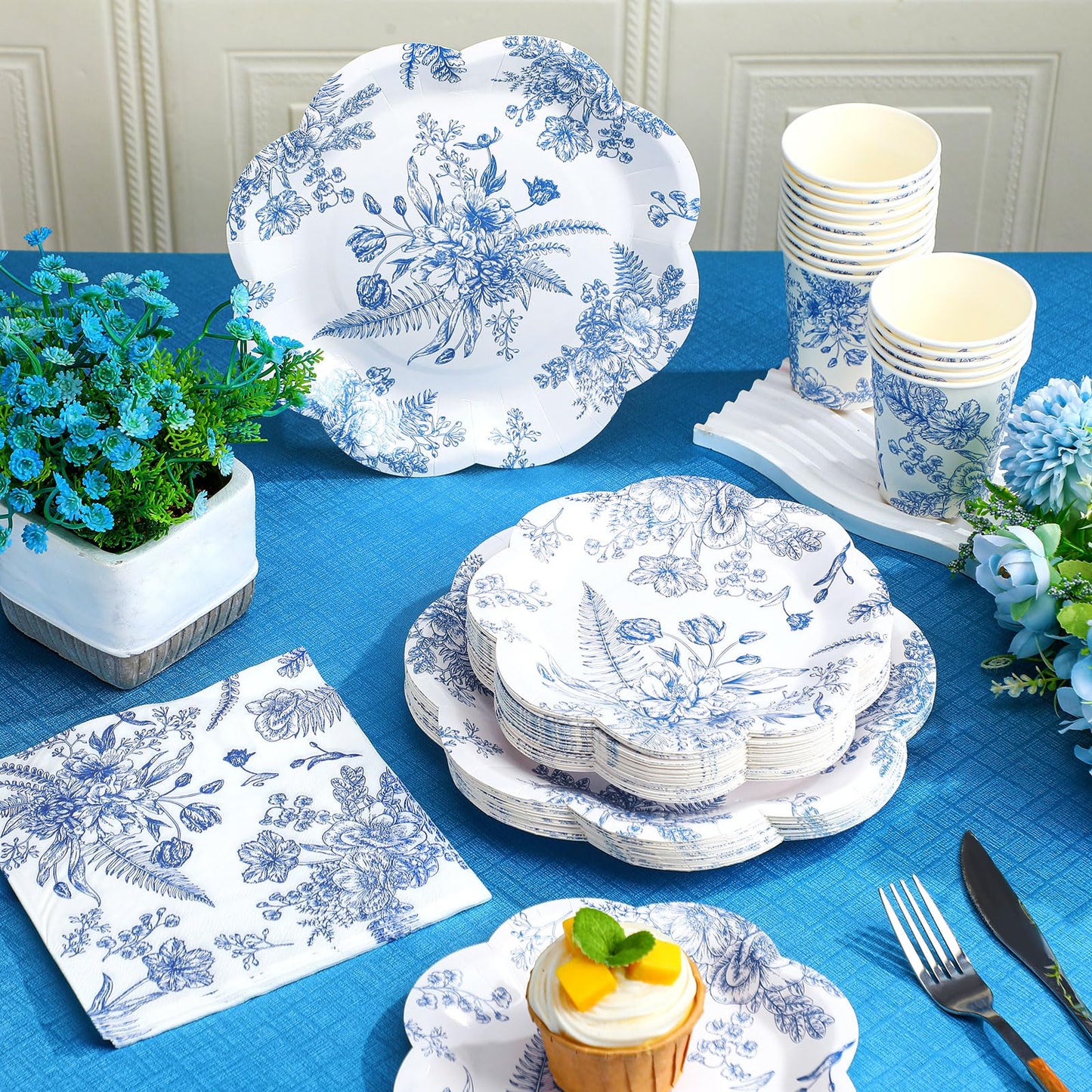 Newtay 250 Pcs Blue Floral Disposable Plates and Napkins Blue and White Floral Paper Tableware Set for 50 Guests Paper Plates Napkins Cups for Wedding Bridal Shower Party Supplies