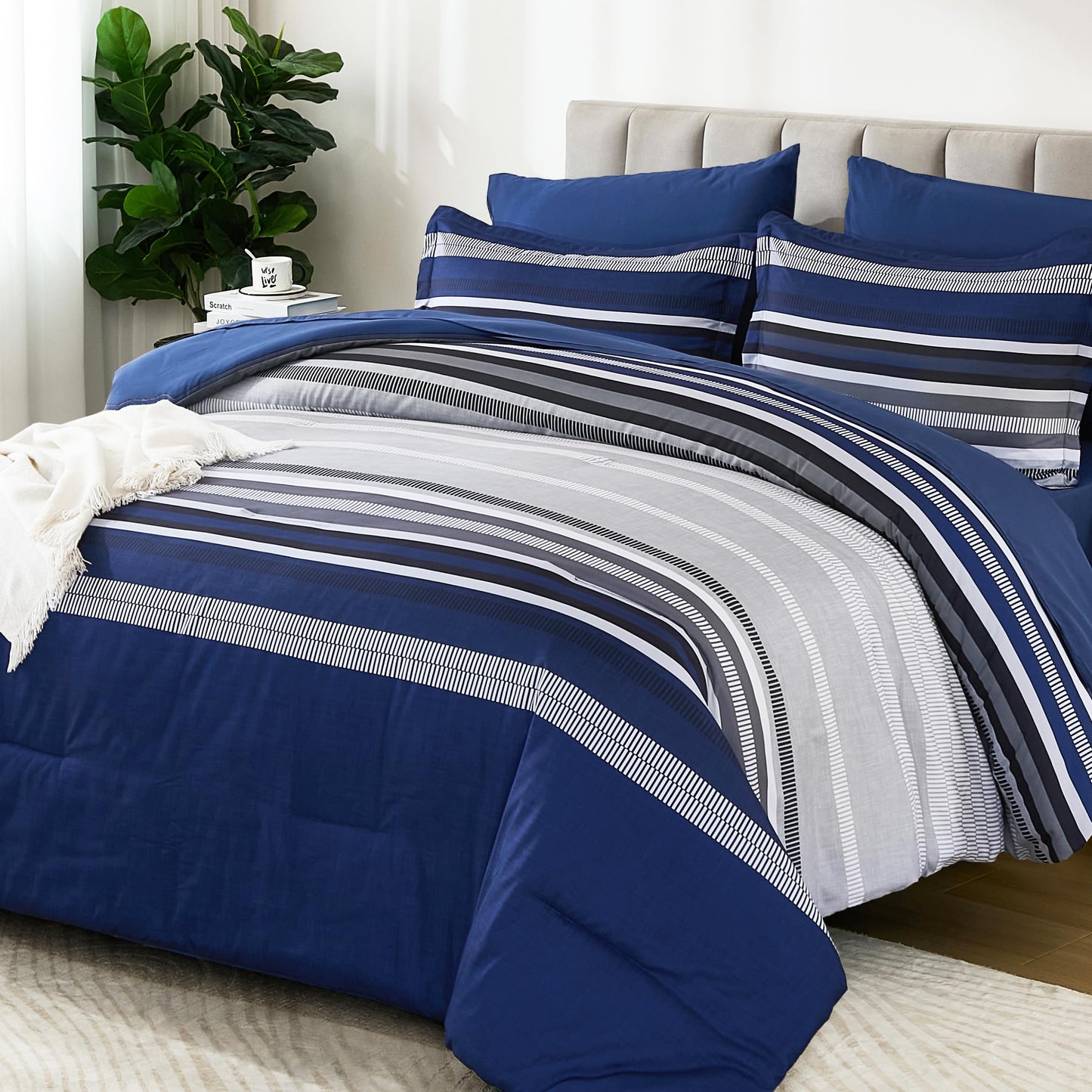 Dobuyly Navy Blue Comforter Full Size Set 7 Pieces, Boho Striped Bed in a Bag Full Soft Microfiber All Season Bedding Set with Comforter, Sheets, Pillowcases & Shams