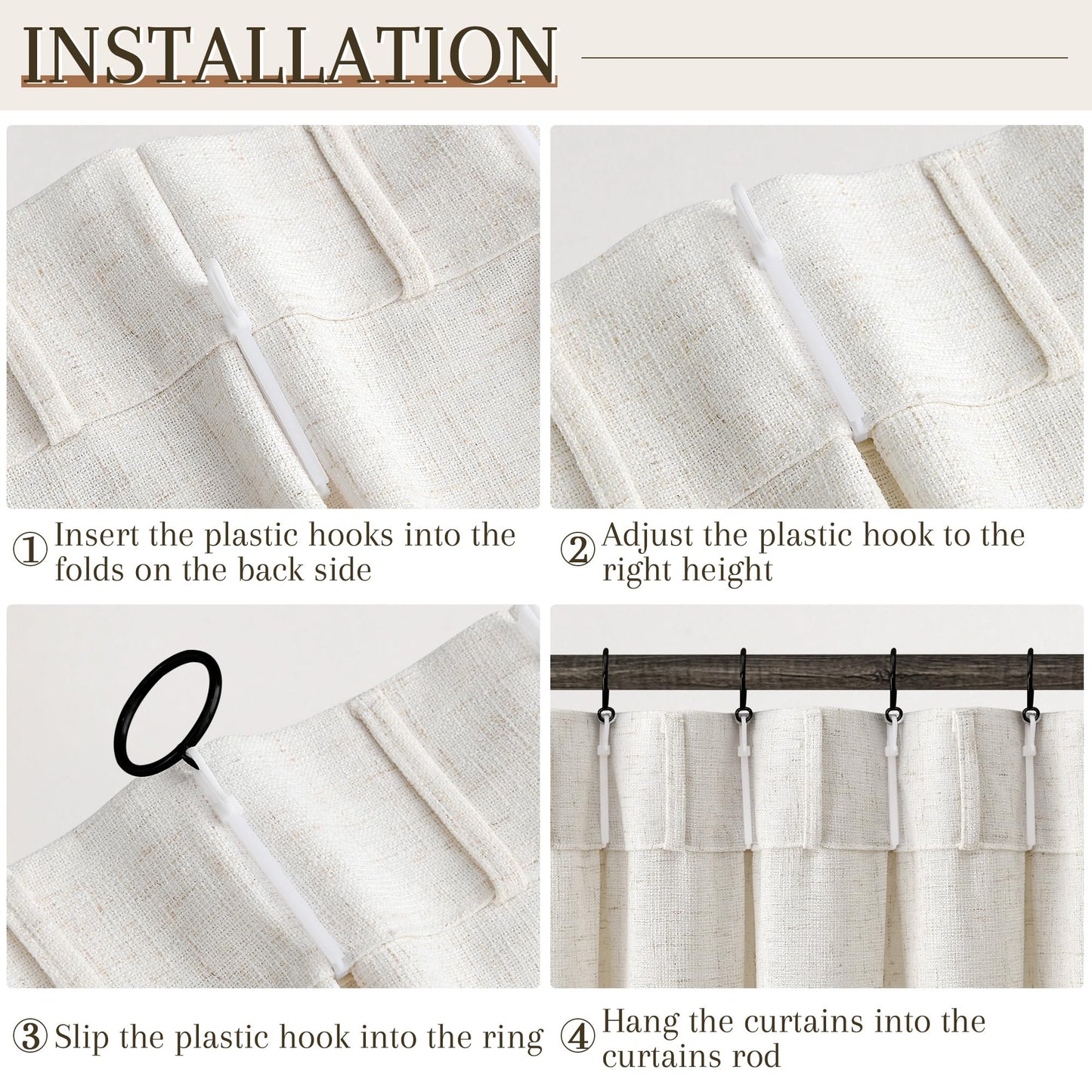 Joywell Linen Pinch Pleated Curtains 84 Inches Long 2 Panels for Living Room Bedroom Natural Cream Thick Boho Back Tab Semi Sheer Light Filtering Window Drapes Clip Rings Hooks Ivory Cream Birch