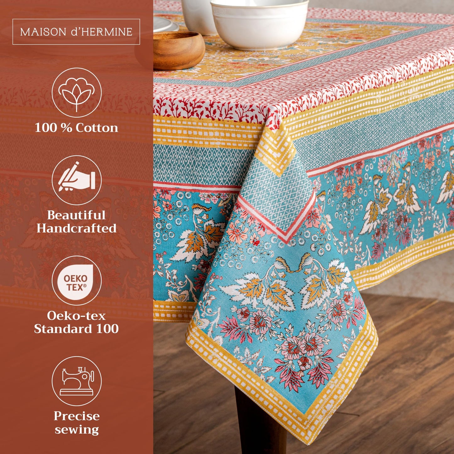 Maison d' Hermine Table Cloth Rectangle Table 100% Cotton 60 x 90 Inches Tablecloth Reusable Decorative Everyday Use for Dining Room, Farmhouse, Home, Party, Festive & Wedding Spring Summer - Marquise