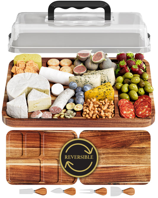 Trayful Acacia Charcuterie Board with Lid, Travel Portable Charcuterie Cheese Board, Serving Tray House Warming Gift New Home, Gifts for Women