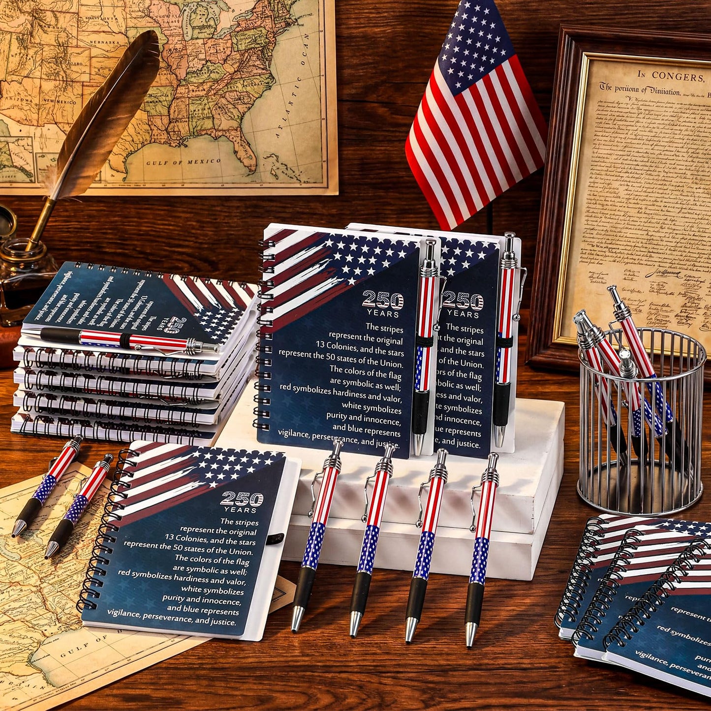 Resurhang 40 Pcs 20 Sets 250th Anniversary Bulk Gifts American Flag Patriotic Notebooks Red White Blue Spiral Journals Military Pens 4th of July Independence Day Gift for Veterans USA Souvenir