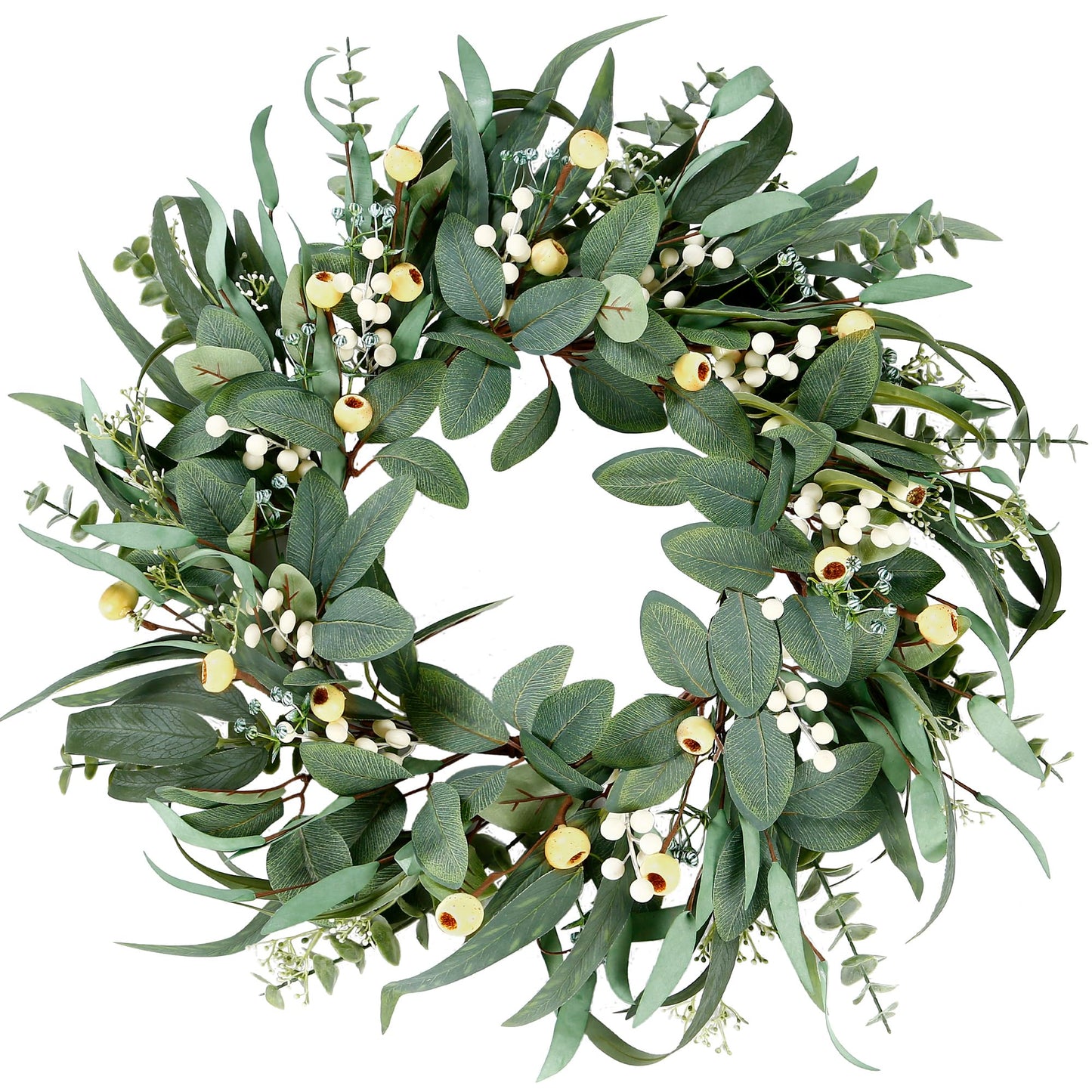 Sggvecsy Artificial Eucalyptus Wreath - 21 Inch Greenery Wreath with Green Leaves and Mixed White Berries for Spring/Summer Home Decor