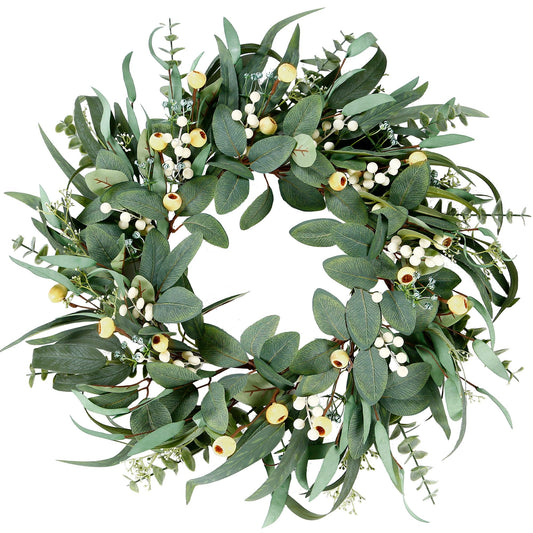 Sggvecsy Artificial Eucalyptus Wreath - 21 Inch Greenery Wreath with Green Leaves and Mixed White Berries for Spring/Summer Home Decor