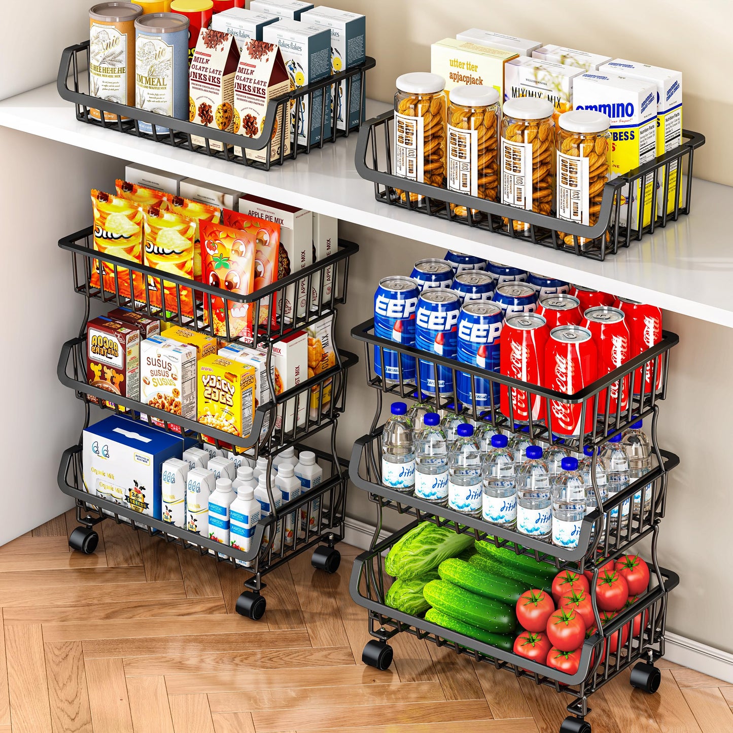 Gsiekare 3-Tier Rolling Pantry Organizer and Storage Cart with Wheels – Stackable Wire Snack Cart for Kitchen, Pantry Shelves and Storage Rack for Fruit, Vegetables, Onion, Potato (1 Pack)